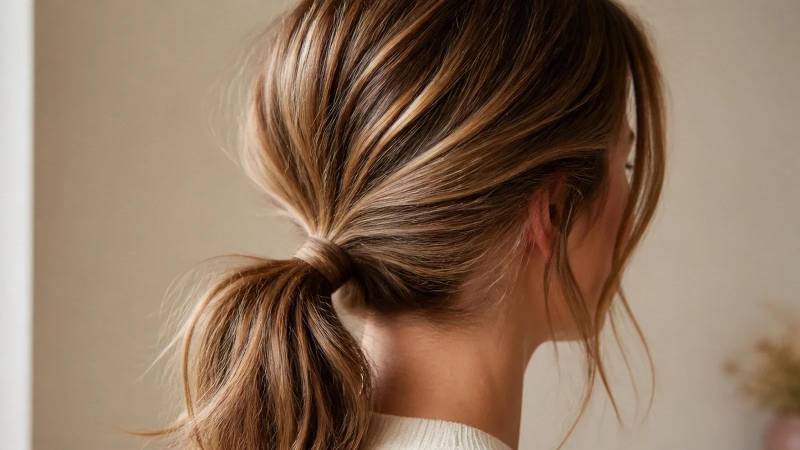 Office-safe messy ponytail tied low at the nape with a smooth crown and minimal loose pieces