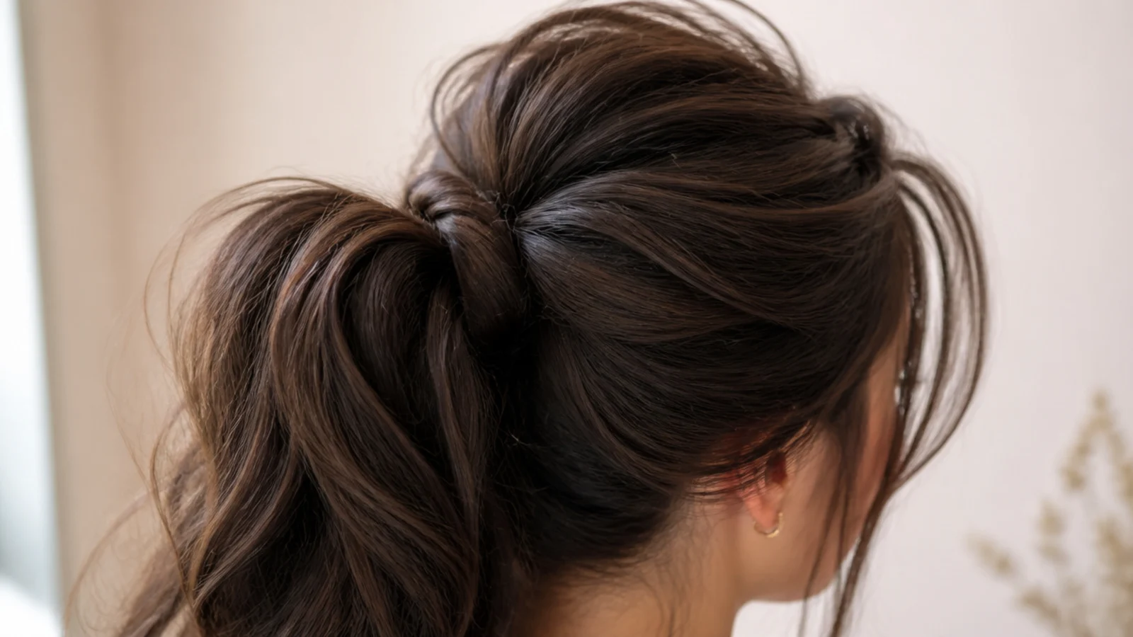 Black-tie high messy ponytail with a teased crown and a smooth wrapped base for evening