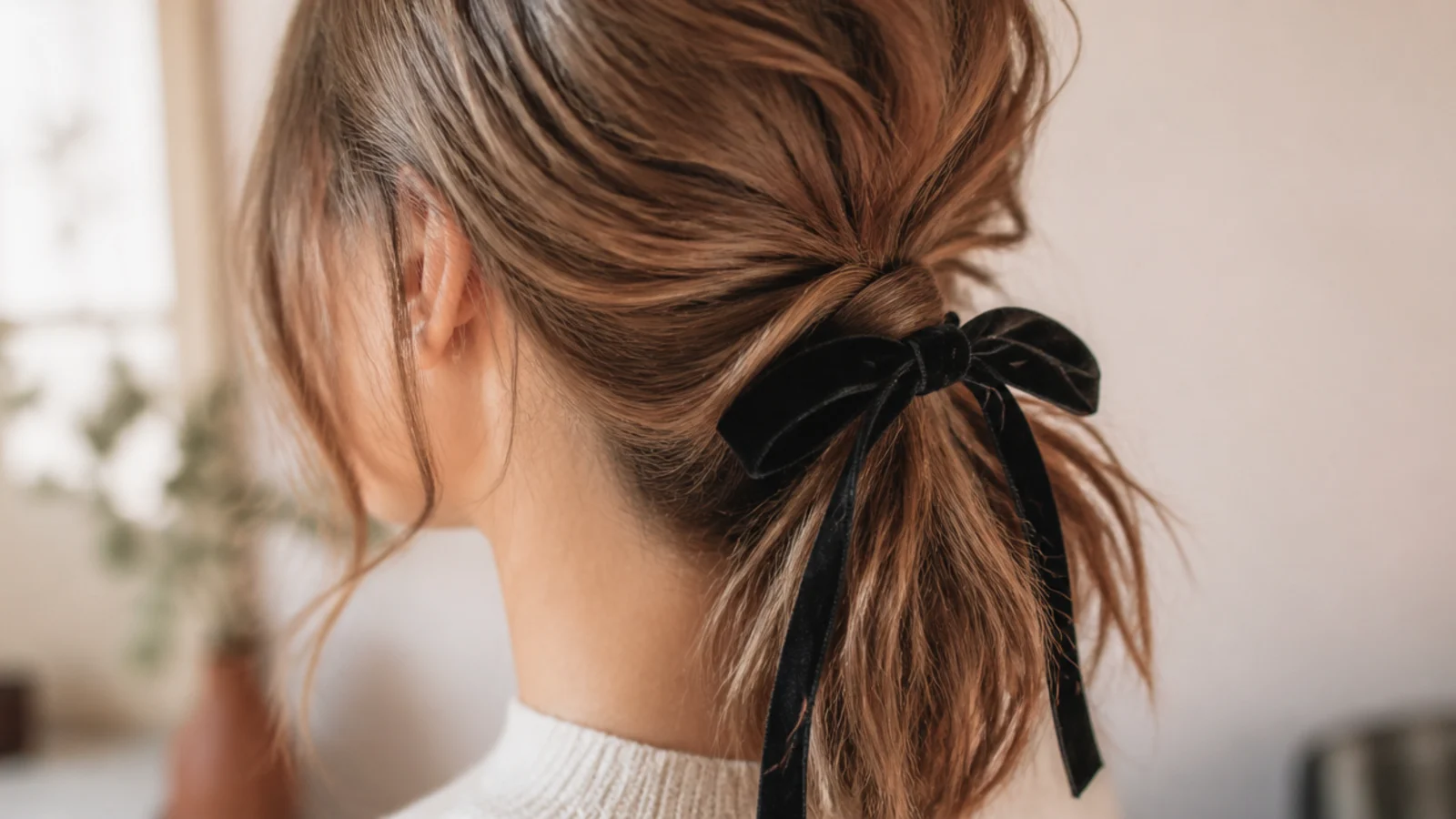 Holiday party messy ponytail tied at the nape with a black velvet ribbon bow over the elastic