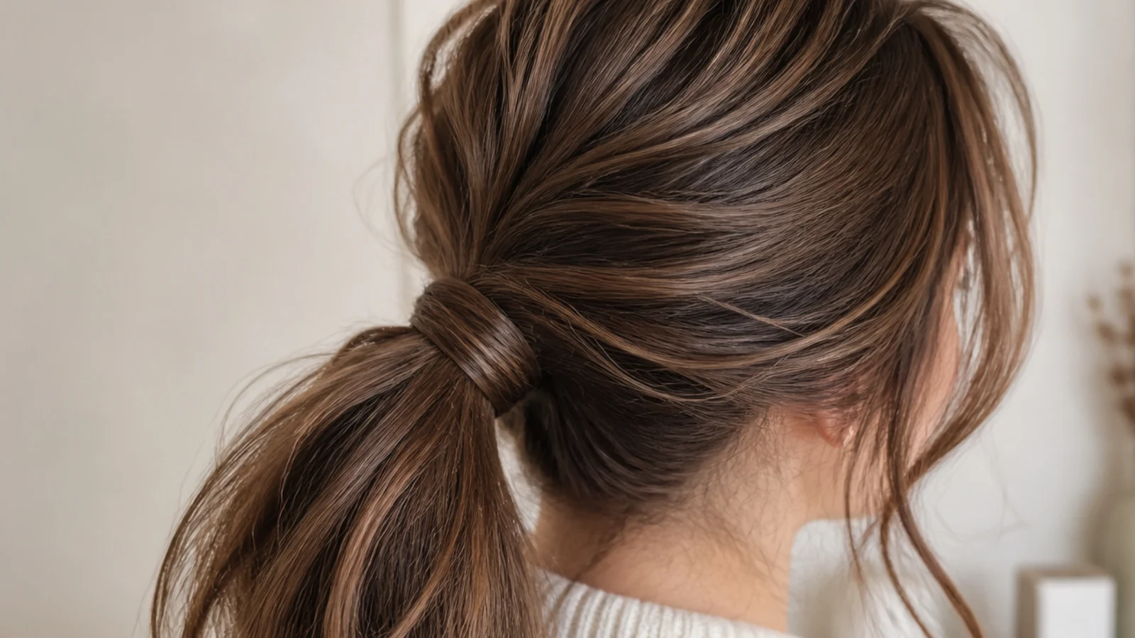 Elegant messy ponytail with curtain bangs parted in the center and swept away from the face