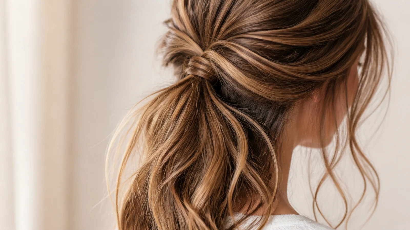 Half-up elegant messy ponytail on long hair with the lower length left loose and waved