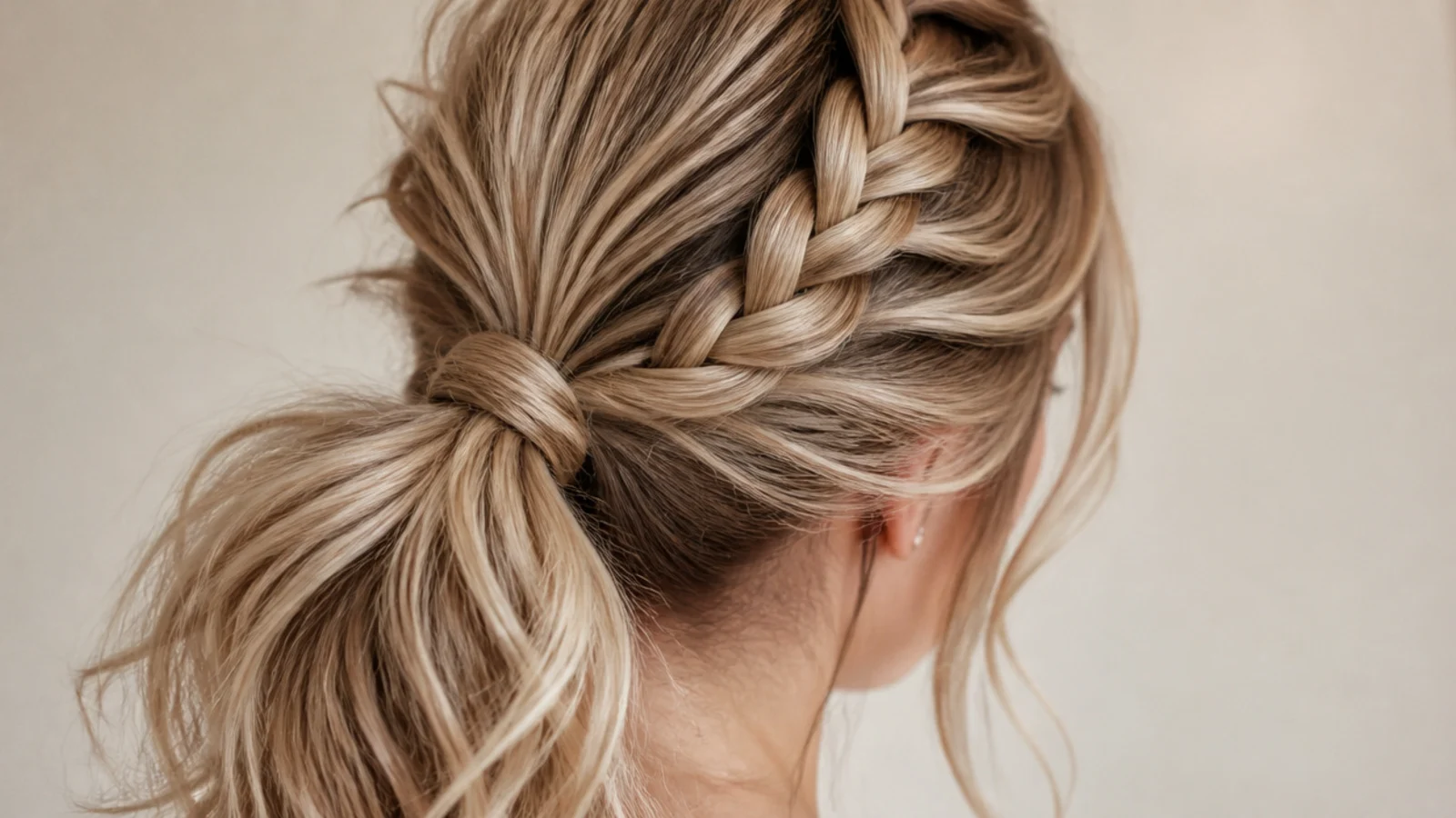 Elegant messy ponytail with a loose three-strand braid running from the crown into the tie point