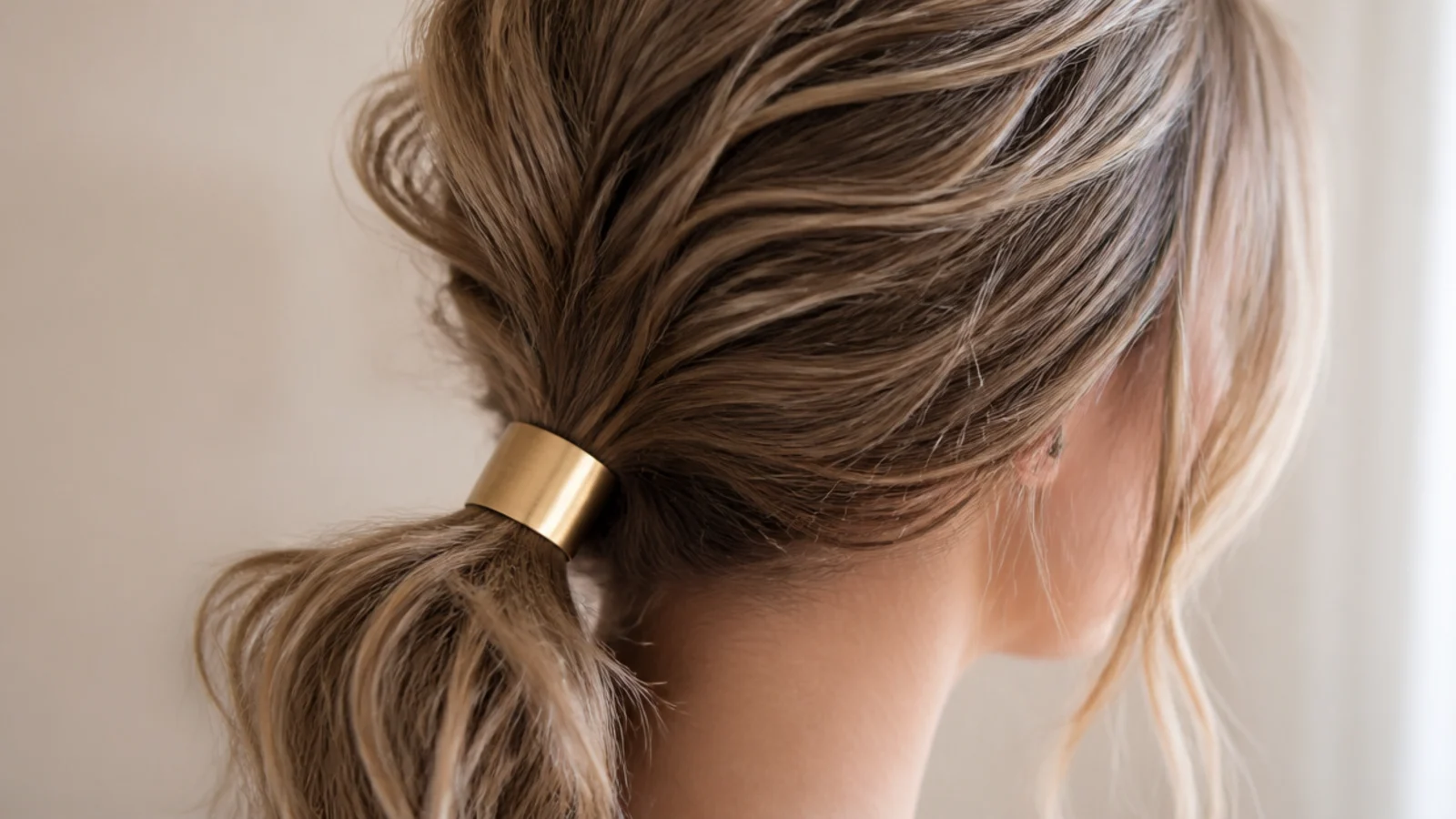 Low messy ponytail with a brushed gold hair cuff clipped around the base of the tail