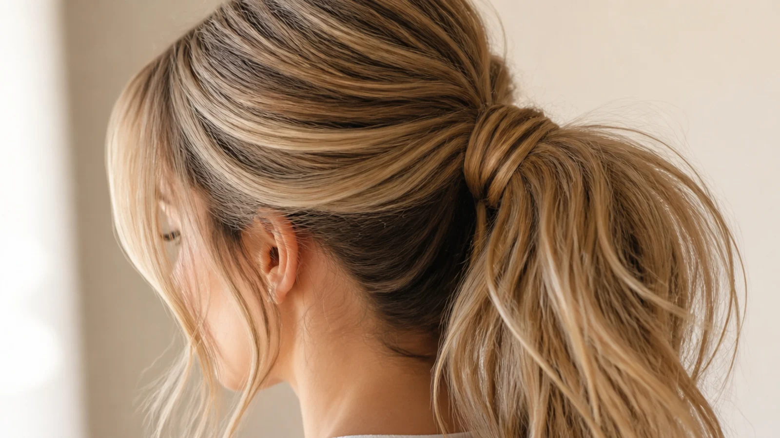 Elegant messy ponytail on fine hair built with two stacked elastics for a fuller base