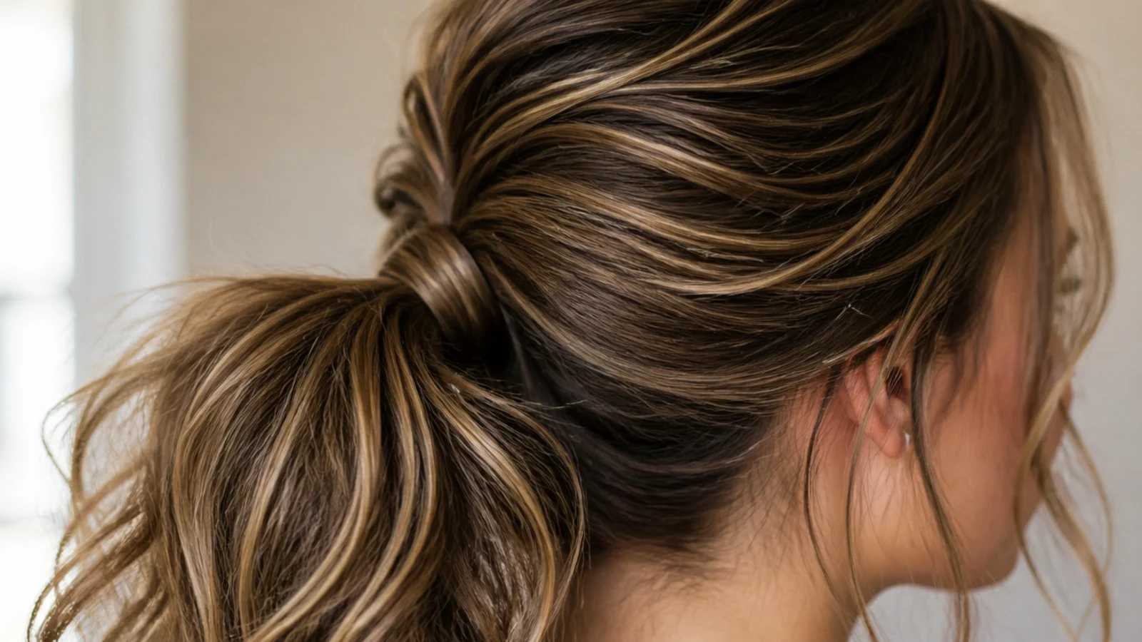 Elegant messy ponytail on thick hair using a split base with an upper and lower section tied together