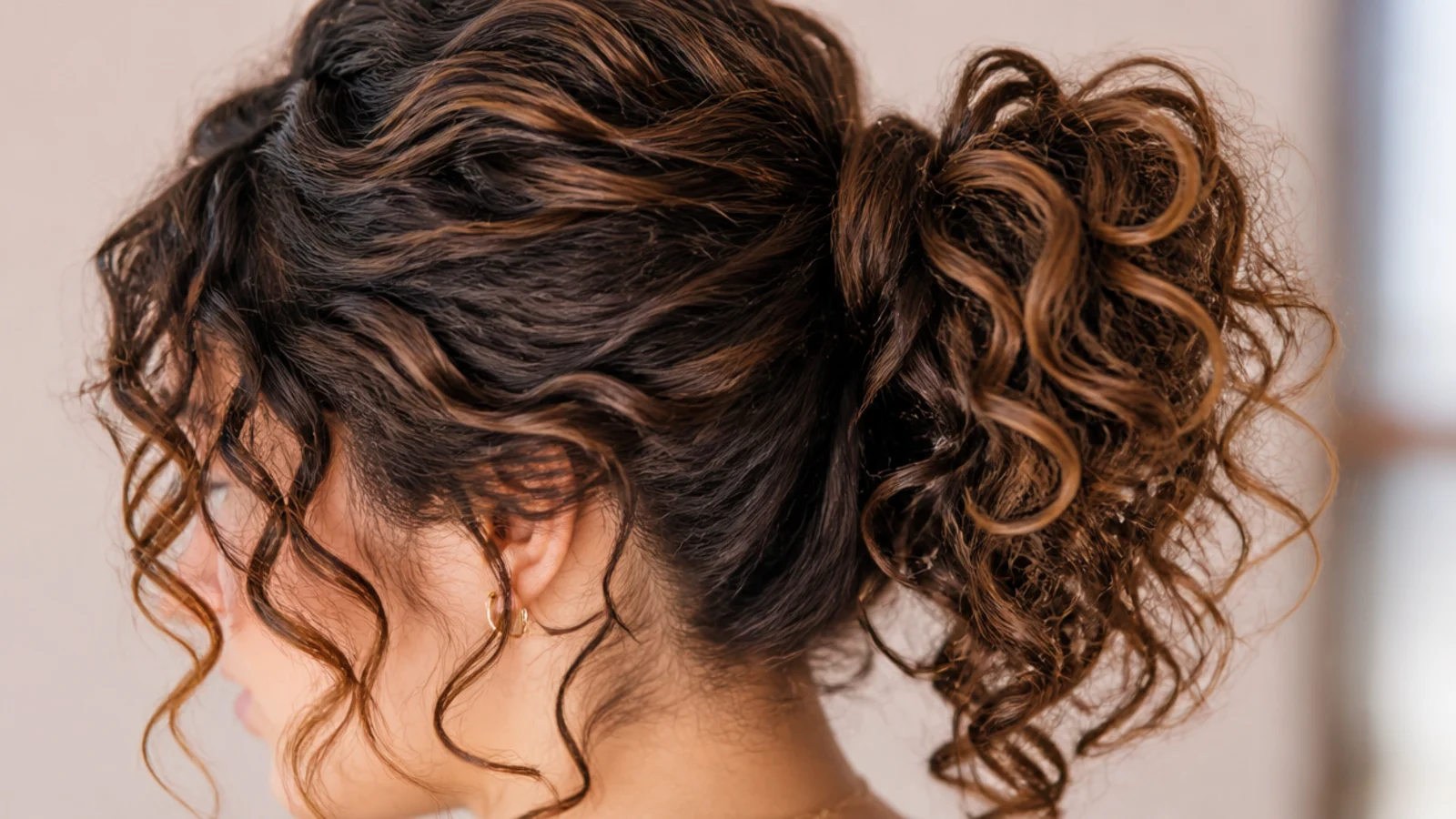 Curly elegant messy ponytail with defined 3a tendrils framing the face and a soft high base
