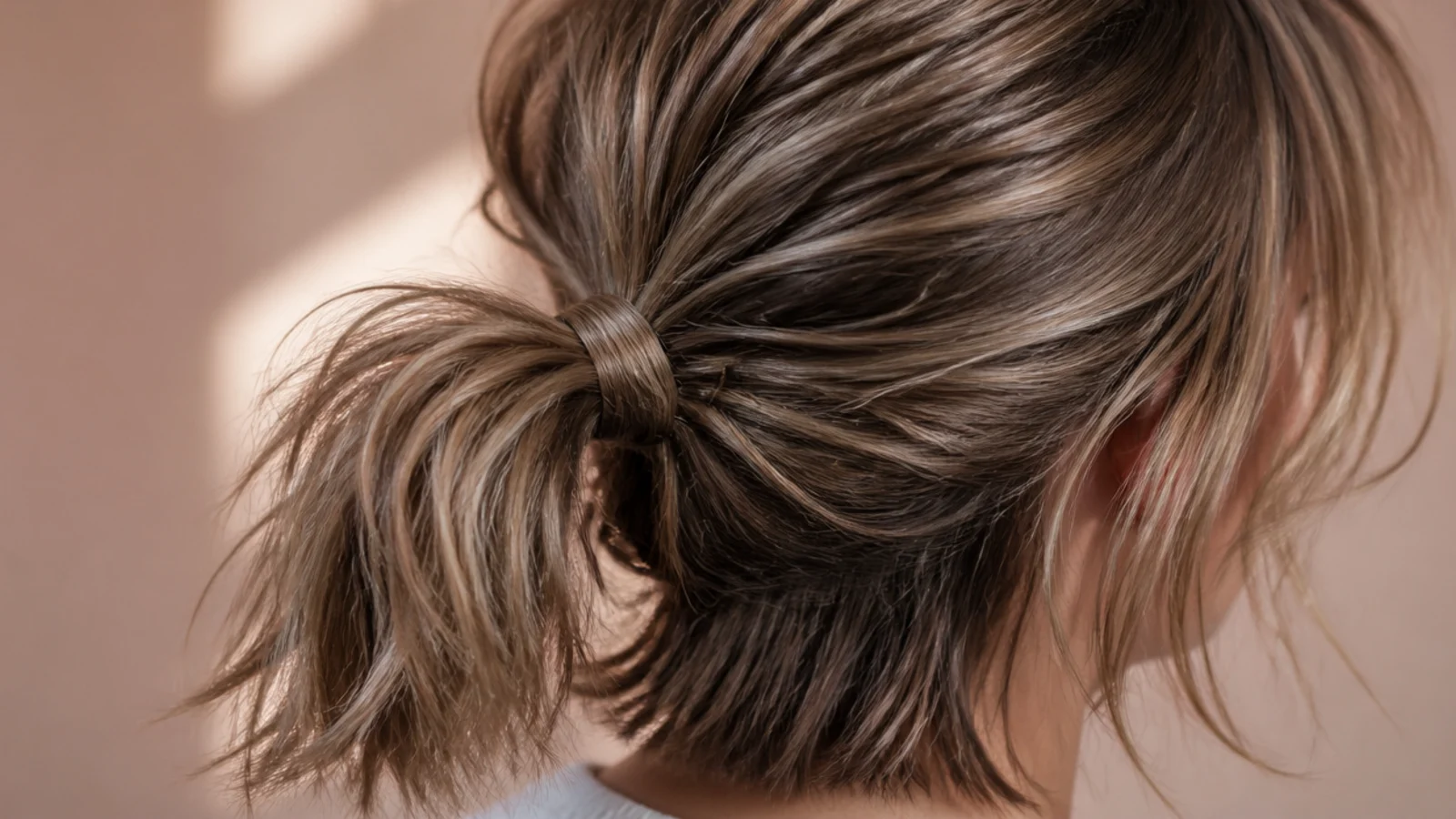 Elegant messy ponytail on chin-length short hair secured with a bungee band and pins under the base