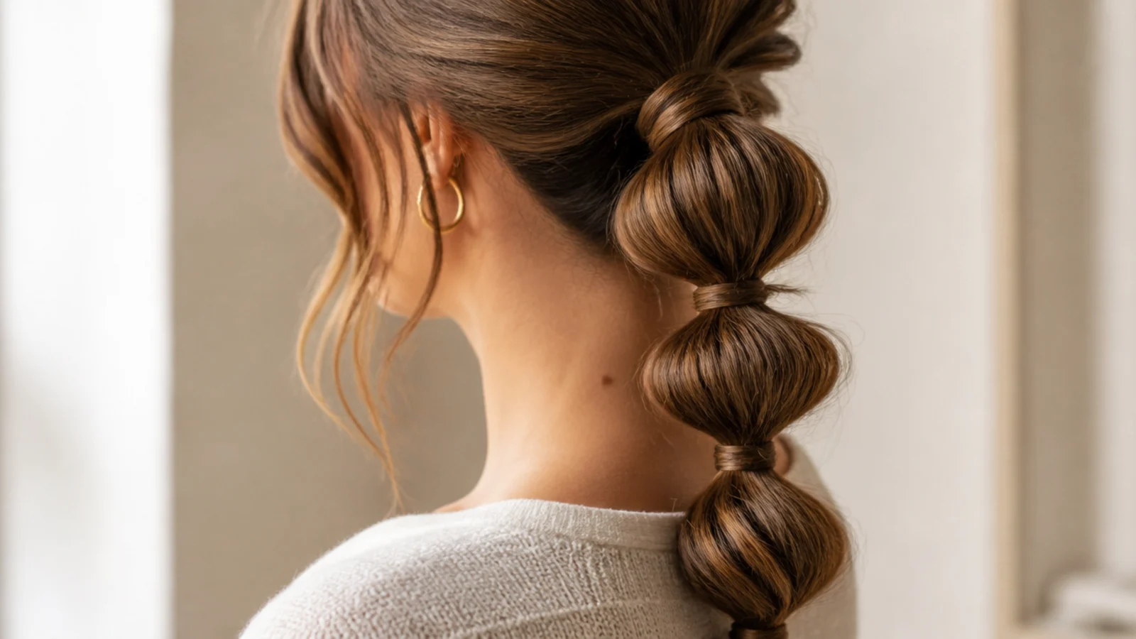 Elegant bubble ponytail with four softened sections spaced along the tail for an evening event