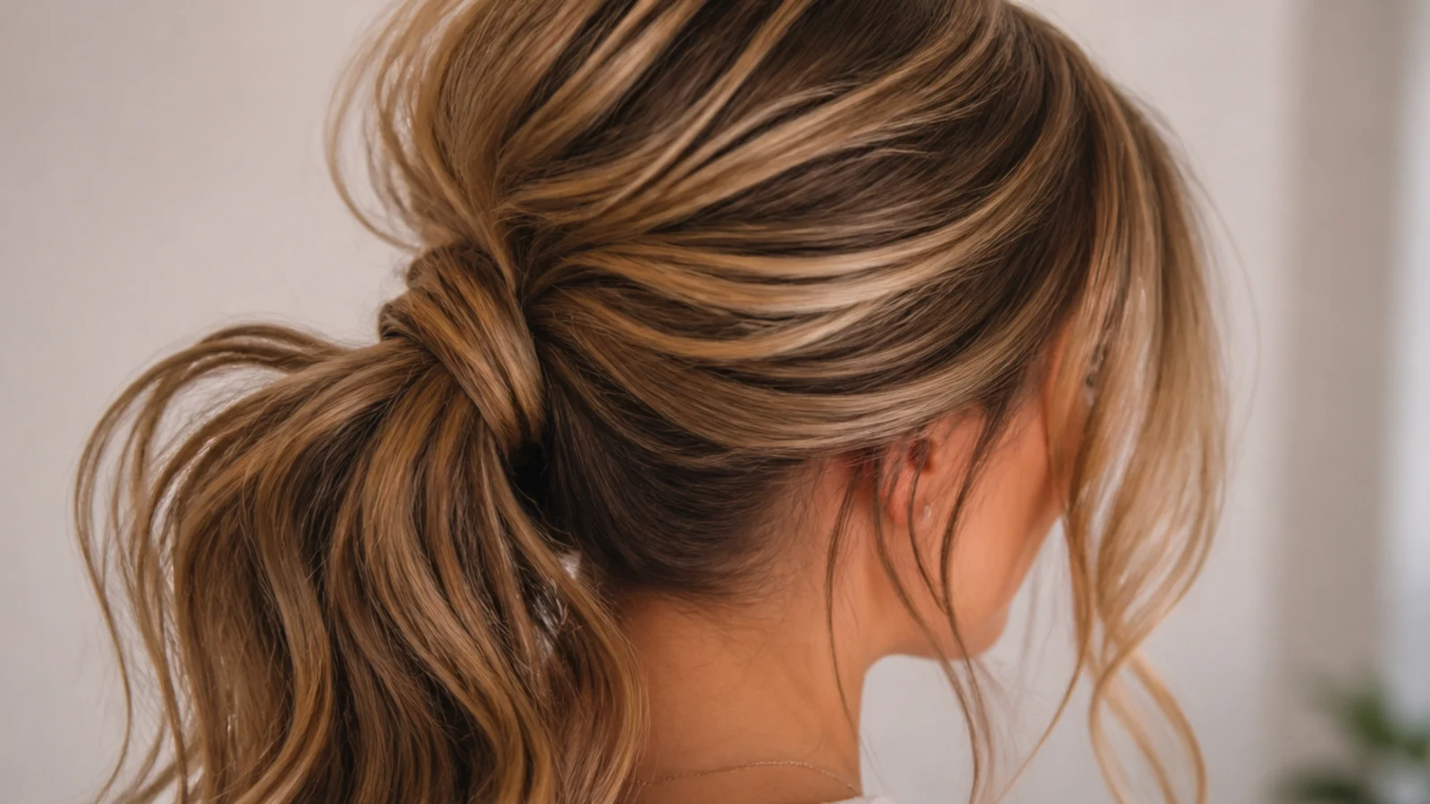 Elegant messy ponytail with a deep side part sweeping a heavy panel of hair across the forehead