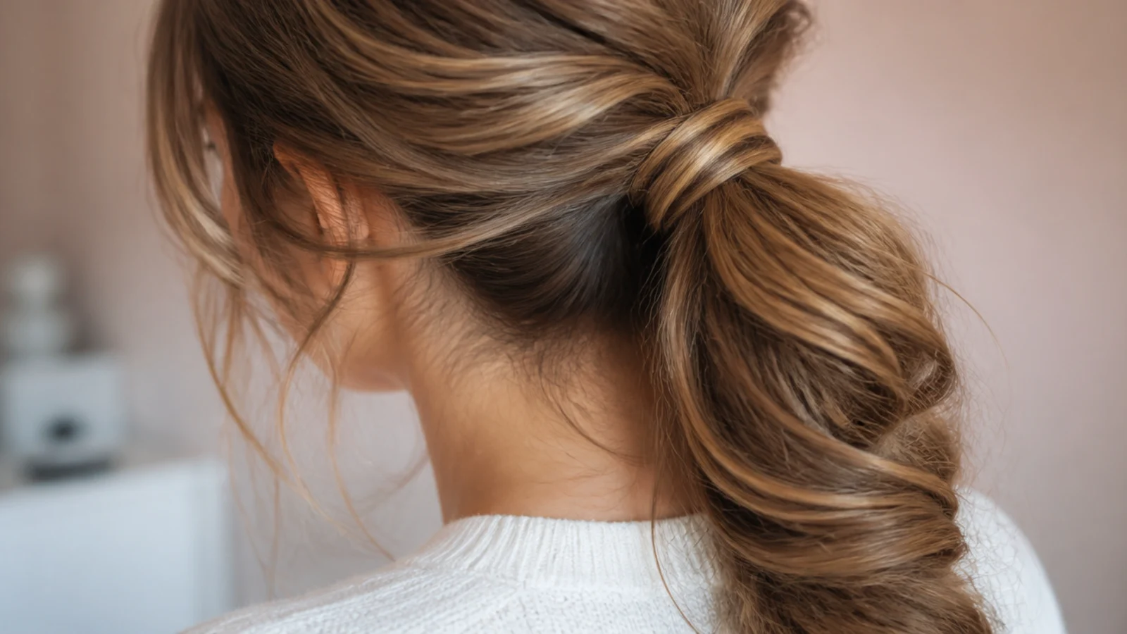 Rope-twisted messy ponytail with two strands wound around each other into a soft spiral tail