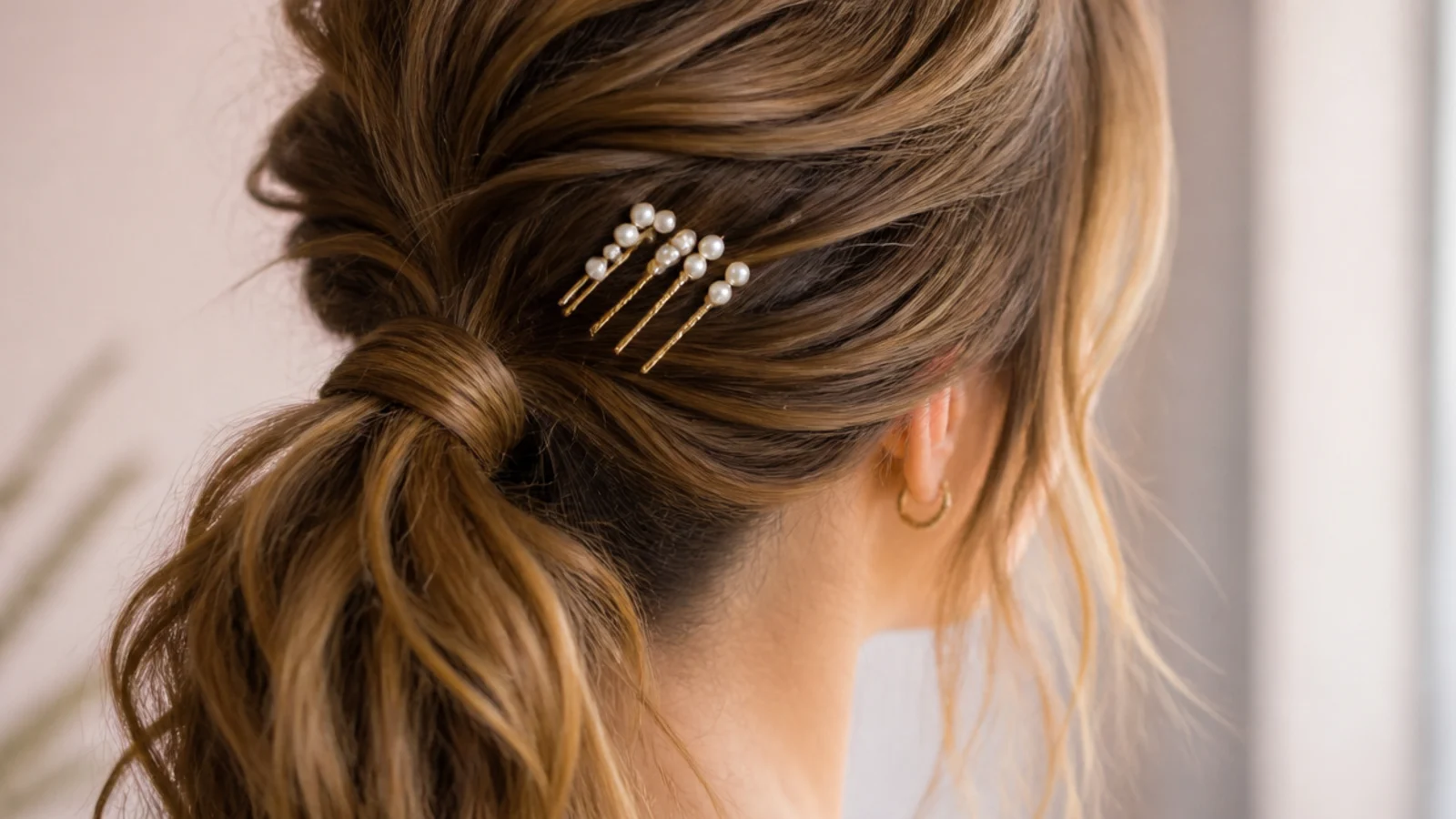 Elegant messy ponytail with a cluster of five pearl bobby pins set diagonally above the base