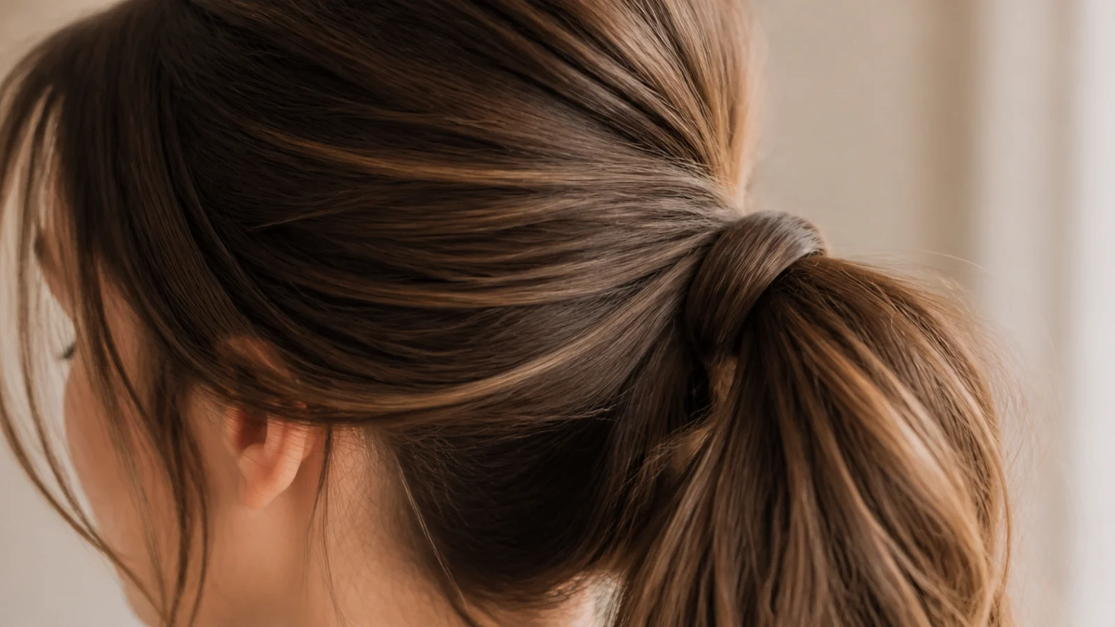 Humidity-proof elegant messy ponytail with a smoothed crown and anti-frizz serum on the tail