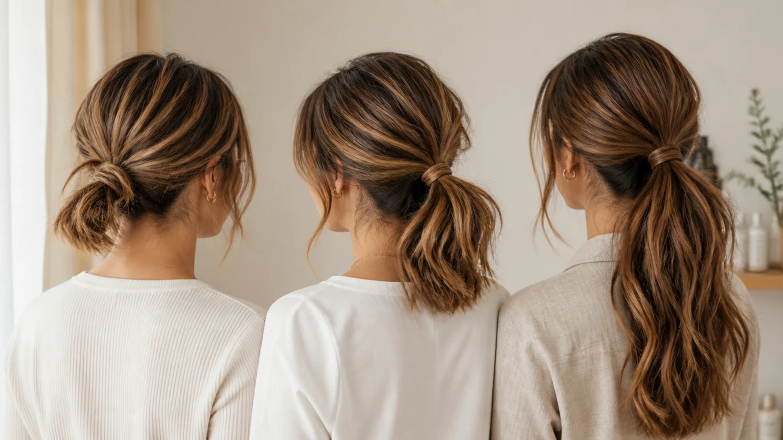 Elegant messy ponytail shown on short bob, mid-length and long hair side by side
