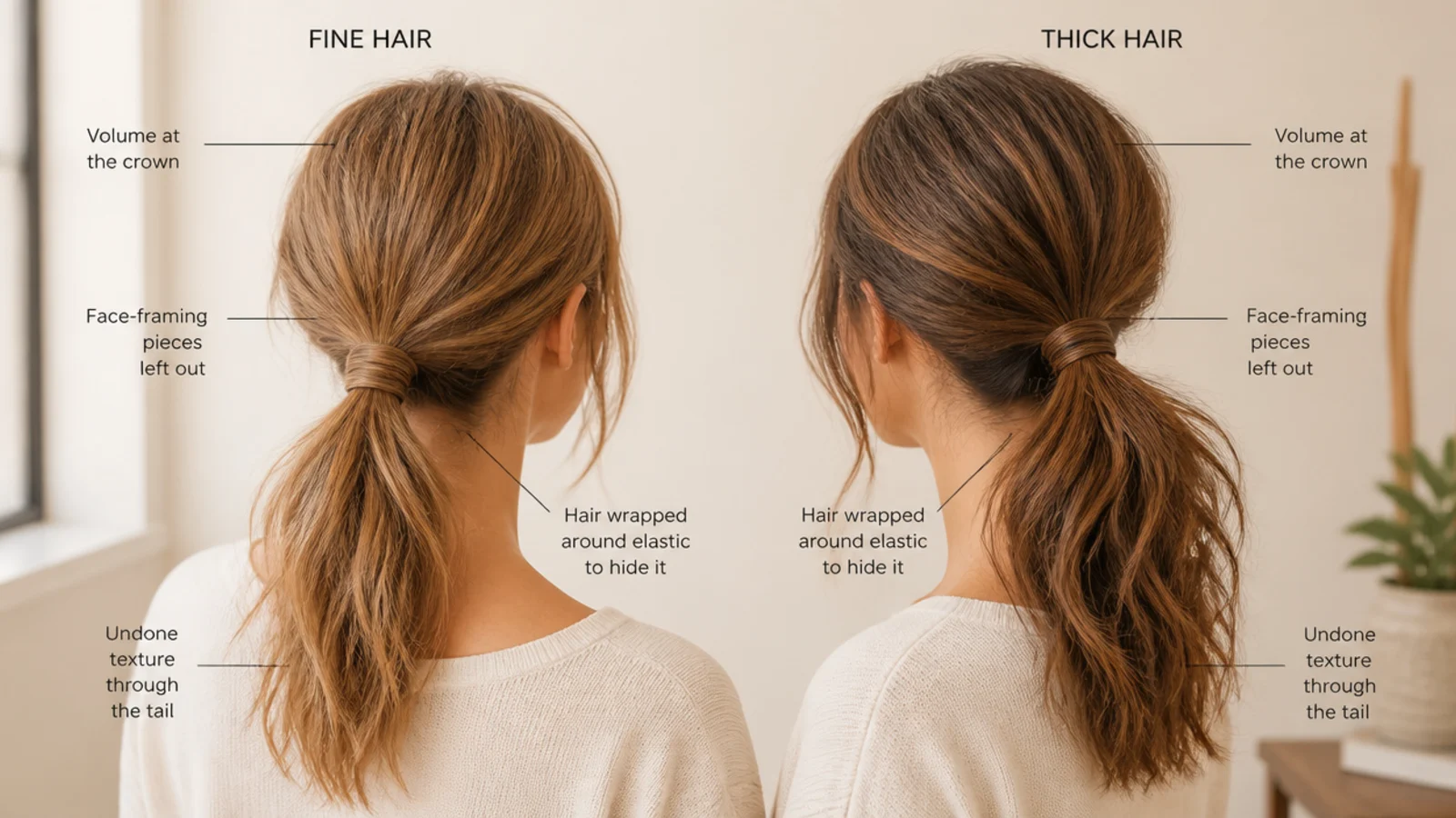 Fine hair and thick hair elegant messy ponytails compared at the base and along the tail