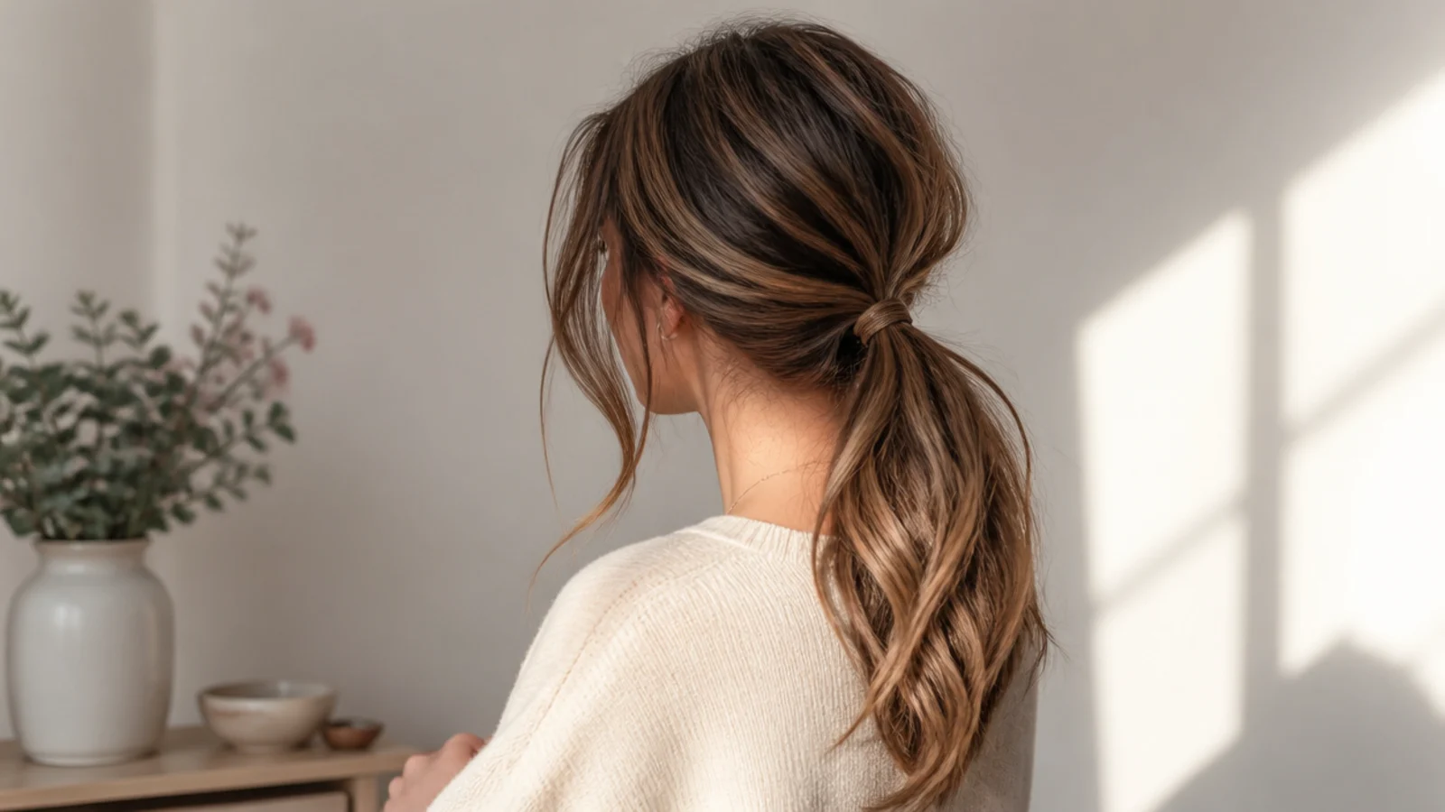 Elegant messy ponytail tied low at the nape with soft face-framing tendrils and a wrapped elastic