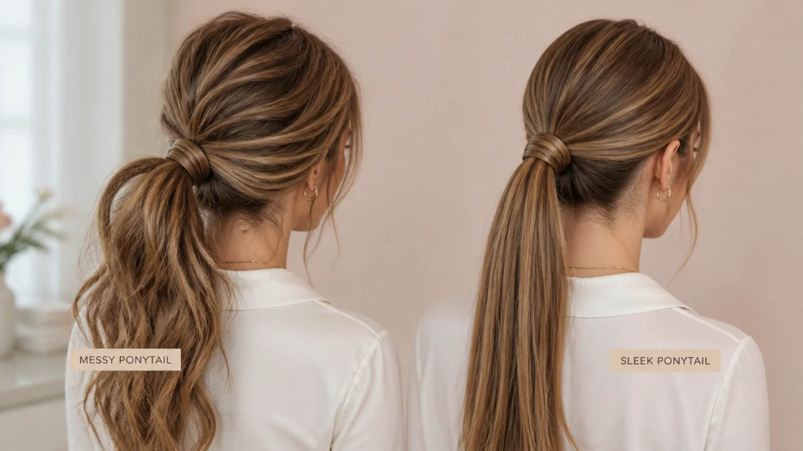 Elegant messy ponytail and sleek ponytail compared side by side for formal occasions