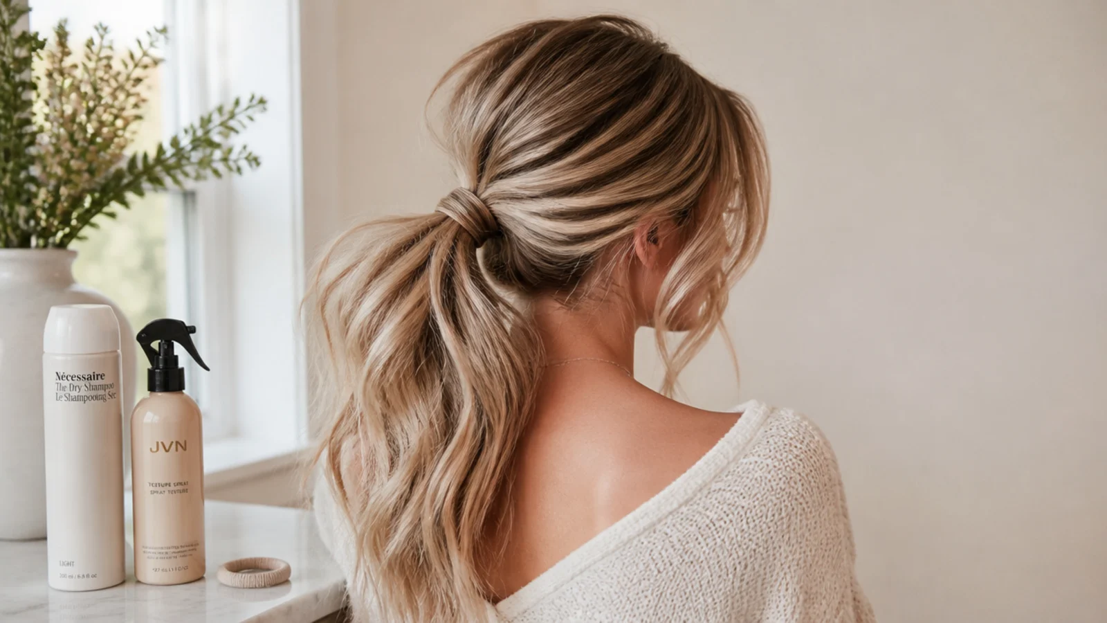 Products for an elegant messy ponytail including dry shampoo, texture spray and a fabric elastic