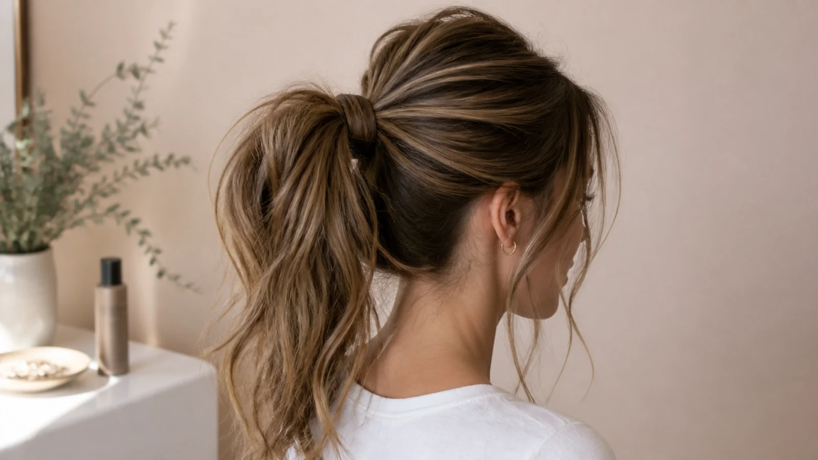 Elegant messy ponytail with a lifted crown and stacked elastic base built for all-day hold