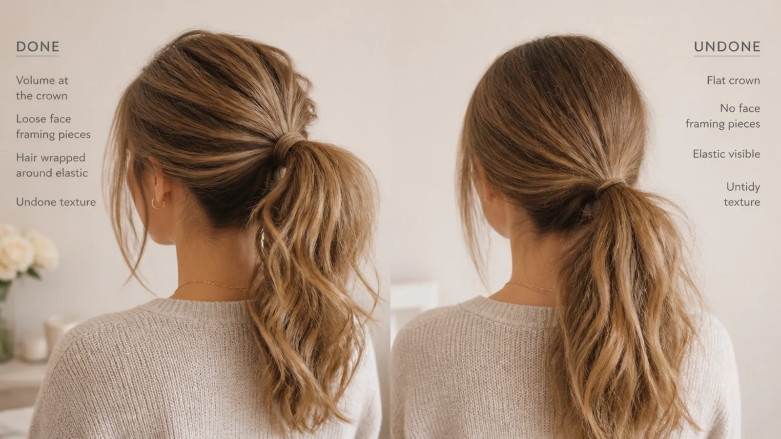 Two elegant messy ponytails compared, one deliberately loosened and one that looks untidy