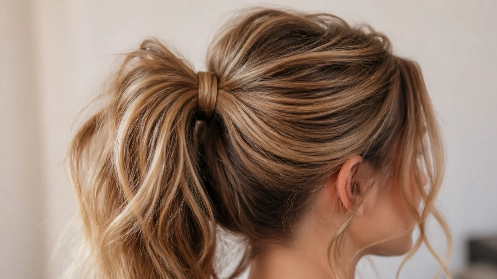 Stacked double ponytail hack with two elastics creating one full high messy ponytail