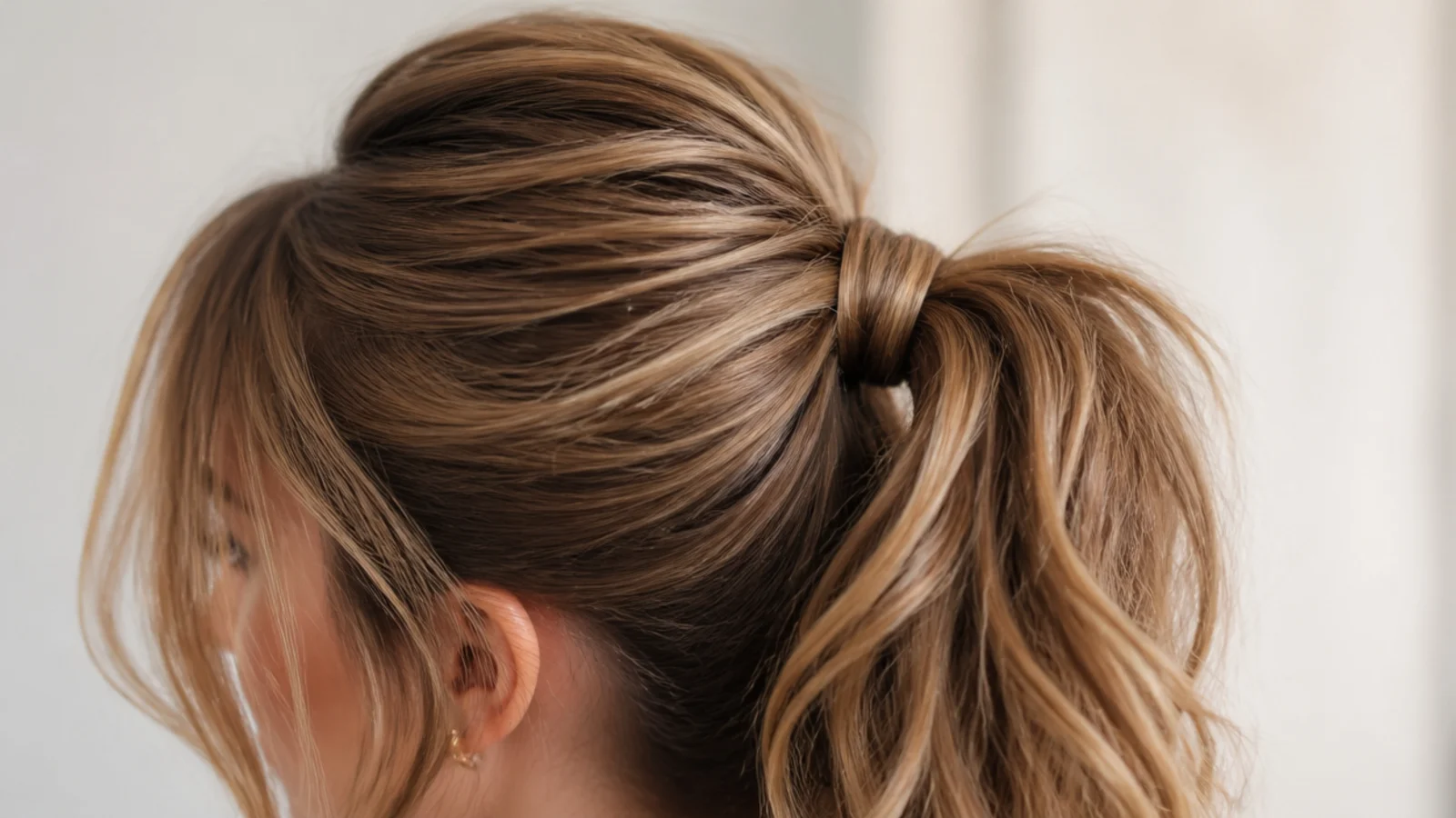 High messy ponytail with a strand of hair wrapped around the elastic and pinned underneath