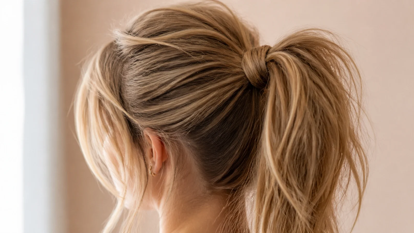 High messy ponytail with soft face-framing tendrils pulled loose at the temples and ears