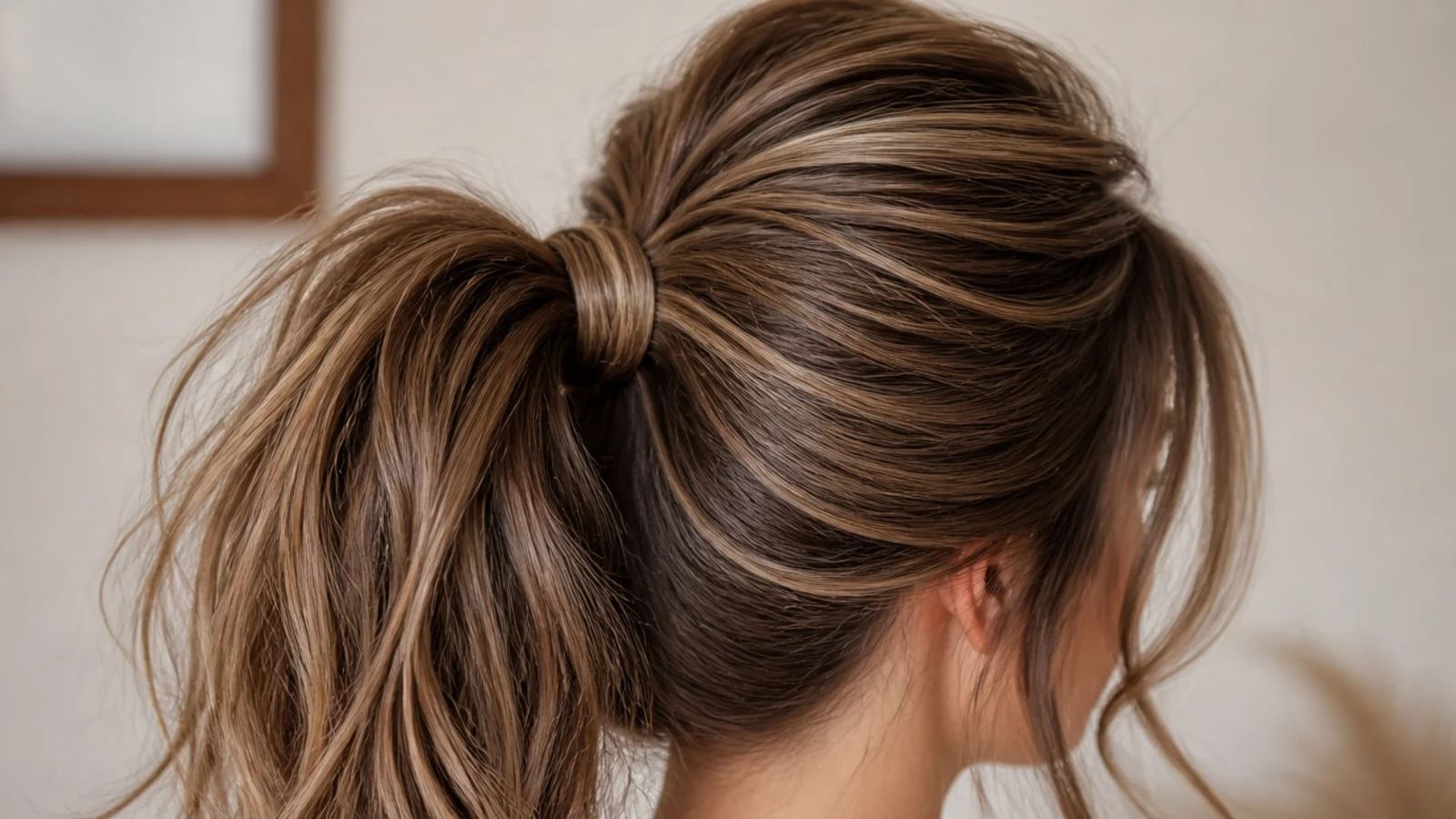 Deep side part high messy ponytail with a swept front section and a lifted crown