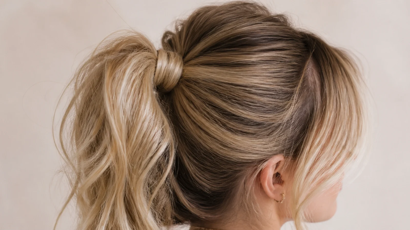 High messy ponytail worn with curtain bangs parted and swept away from the face
