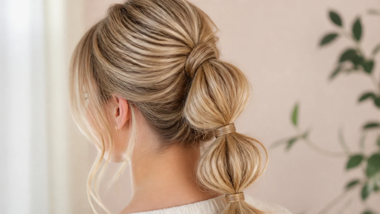 Bubble high messy ponytail with clear elastics spaced down the tail and pulled-out segments