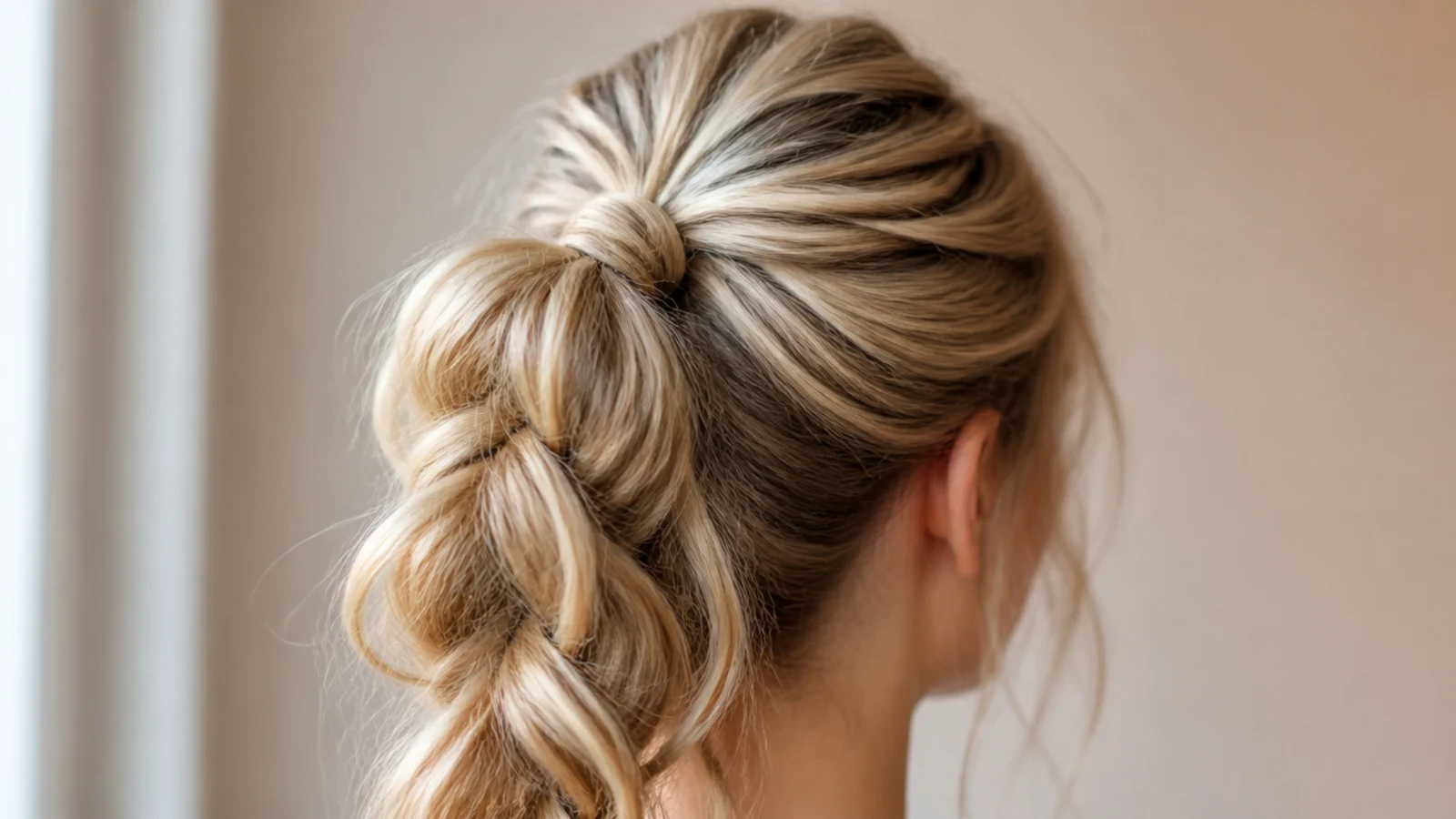 Pull-through braid high messy ponytail with wide loosened sections down the length