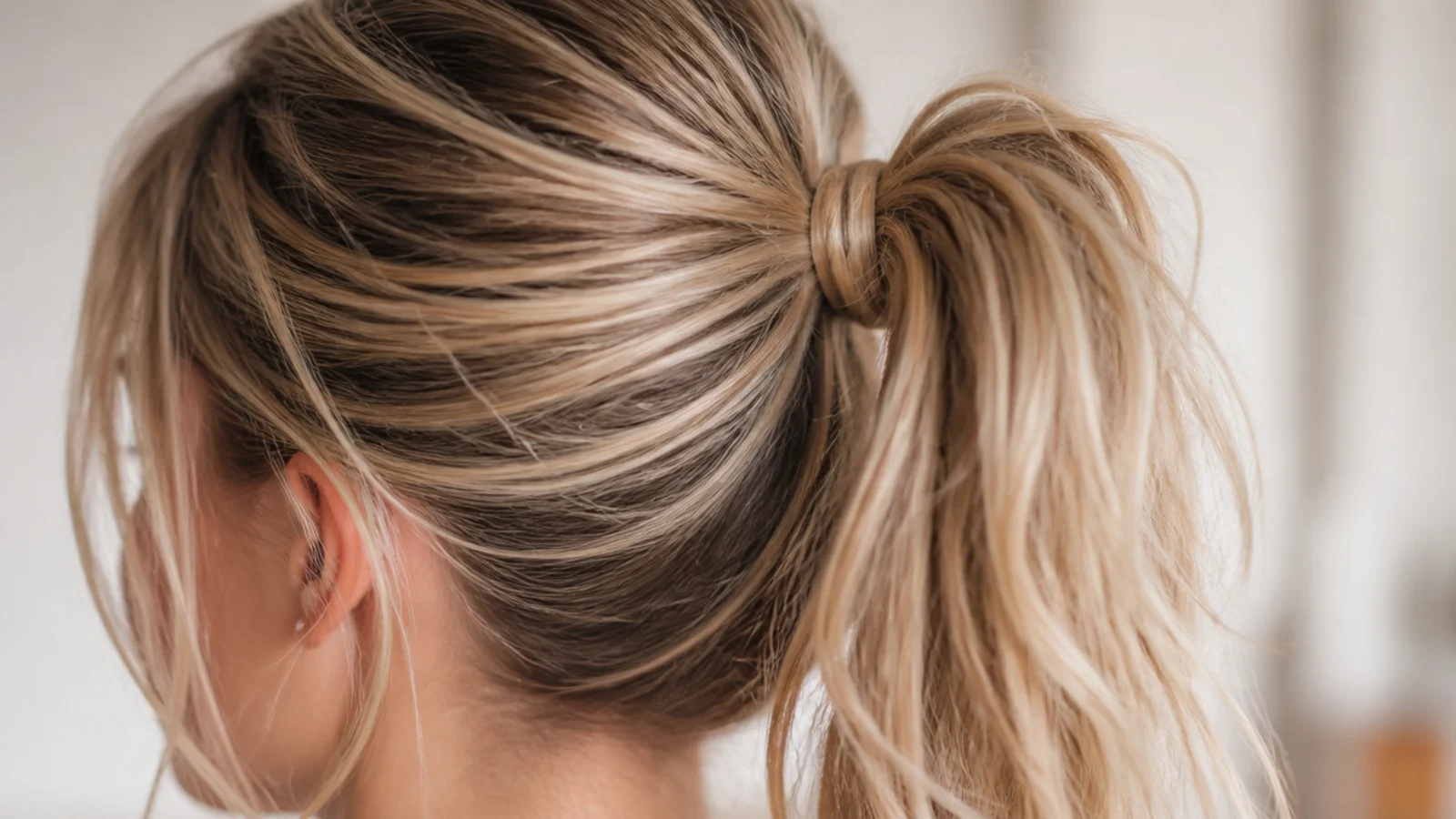 Second day hair high messy ponytail with dry shampoo grip at the roots and a lifted base
