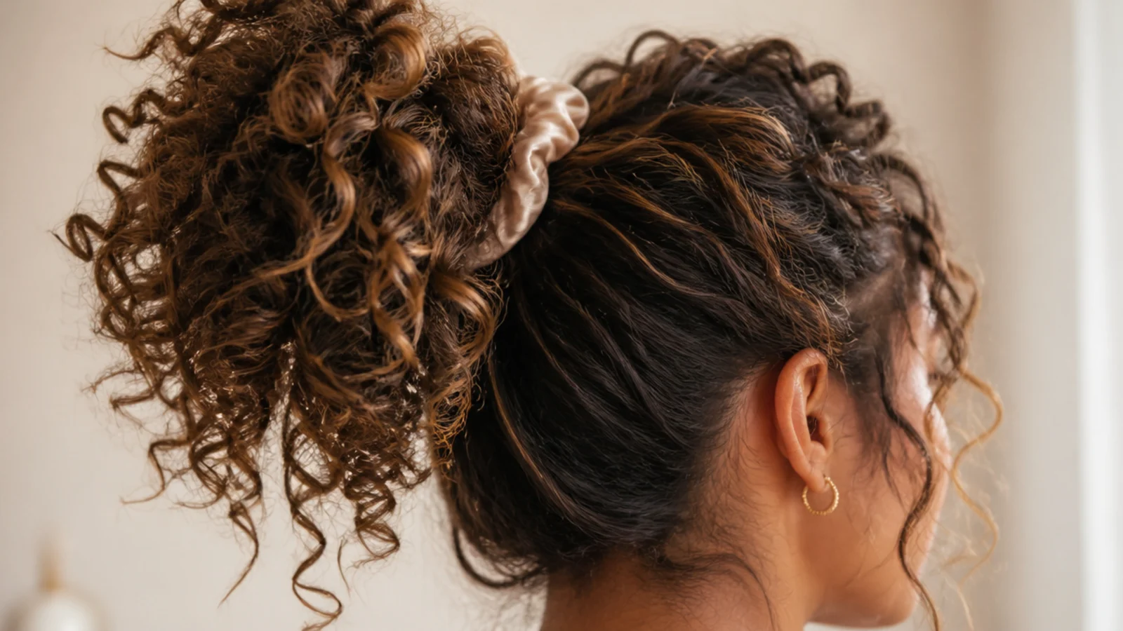 Pineapple high messy ponytail on 3b curls gathered loosely at the crown with a satin scrunchie
