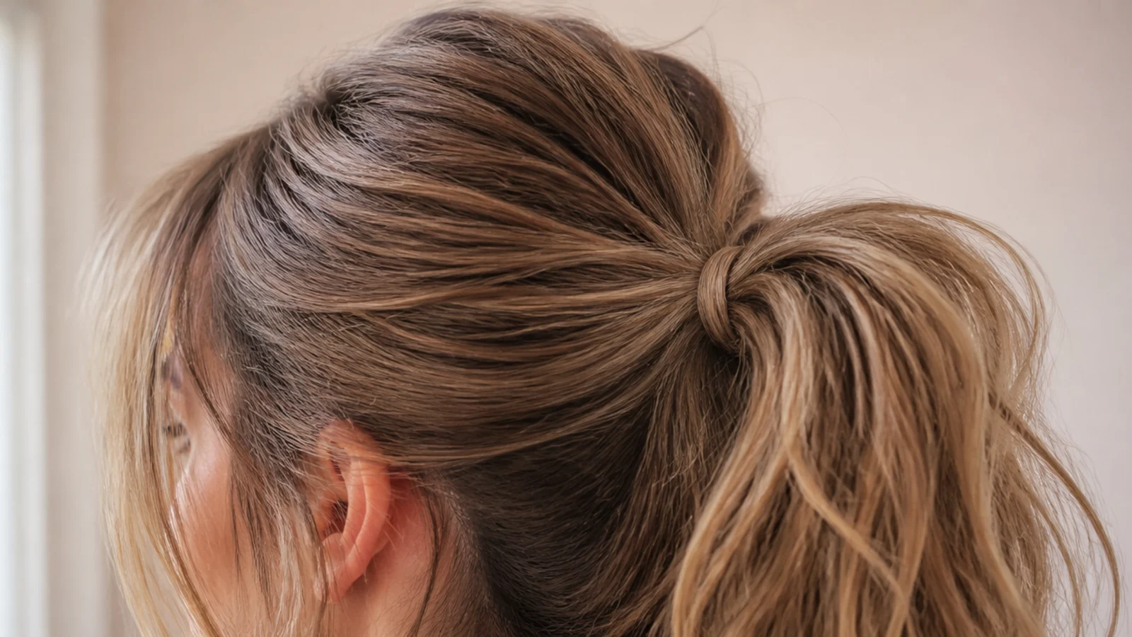 Fine hair high messy ponytail built on crimped roots for hidden volume at the crown