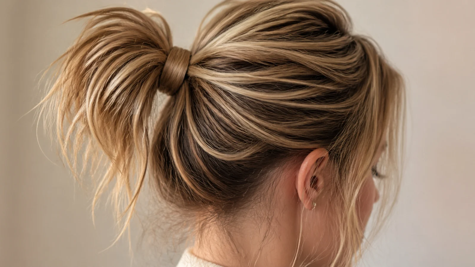 Short hair high messy ponytail secured with a bungee band and pins under the base