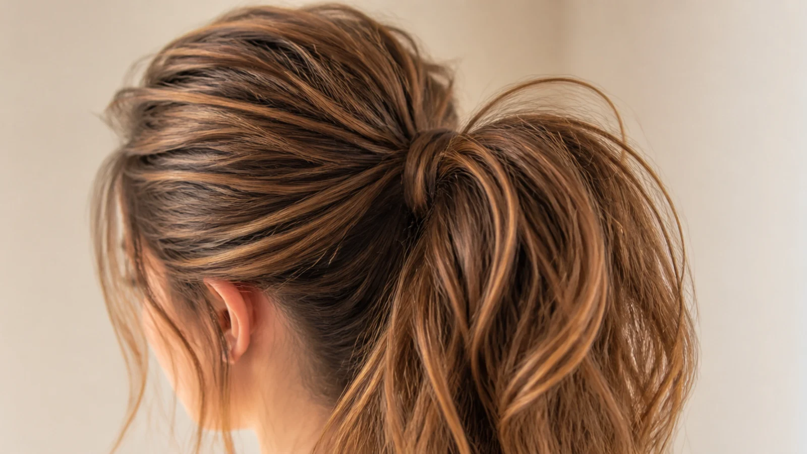 Thick hair high messy ponytail with a lightly teased crown and a heavy full tail