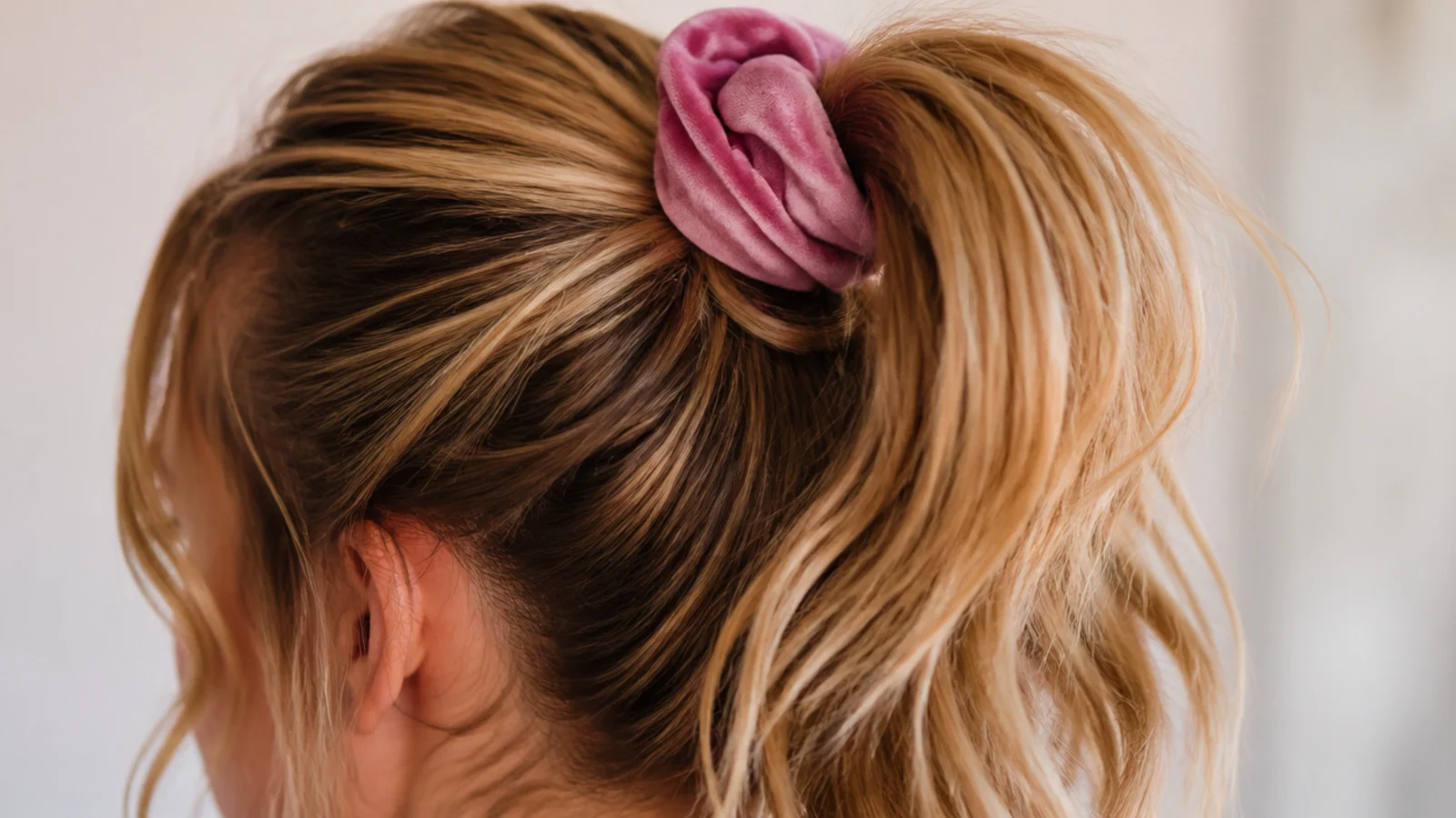 High messy ponytail tied at the crown with an oversized velvet scrunchie