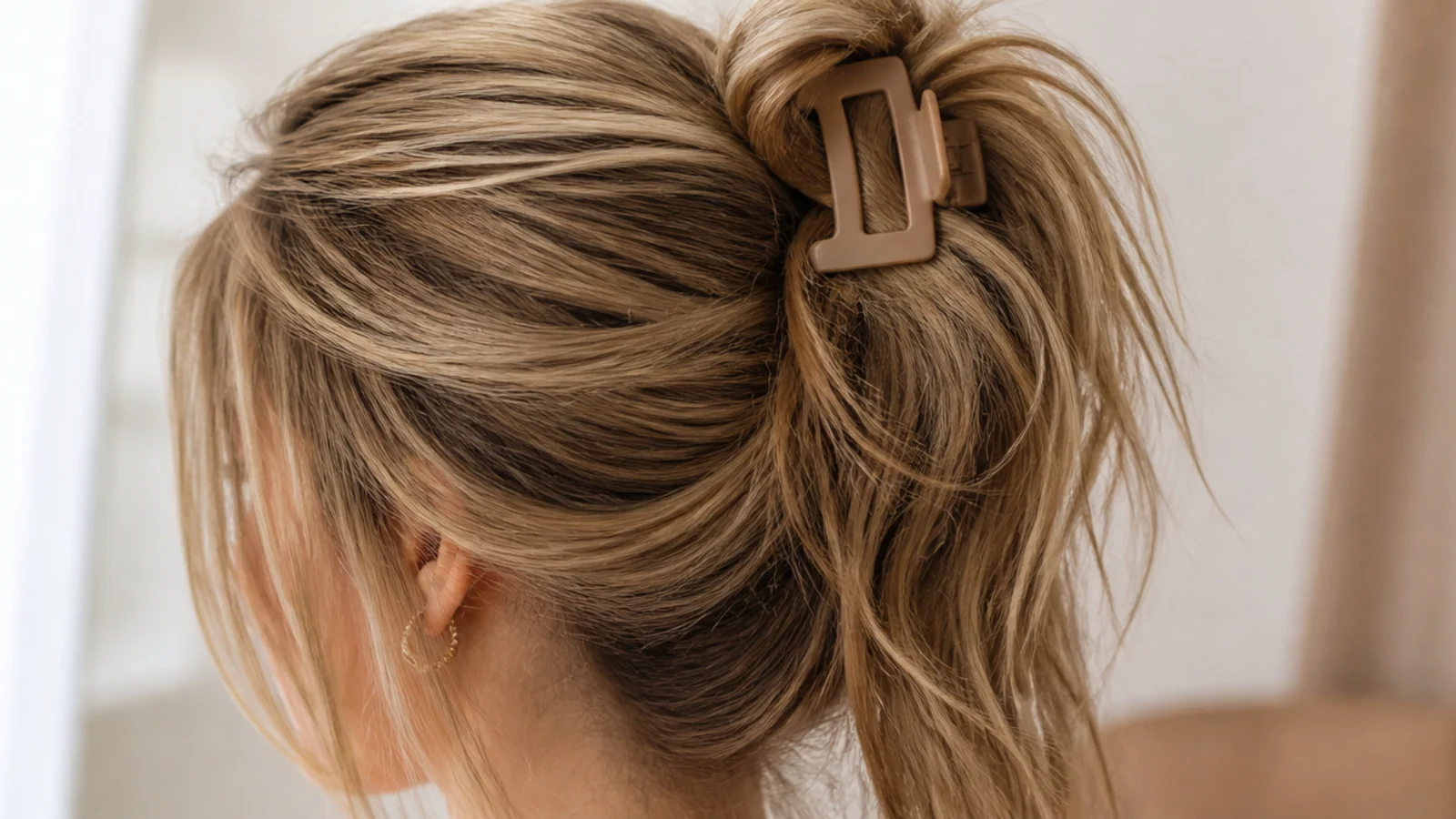 High messy ponytail held with a matte claw clip at the crown instead of an elastic