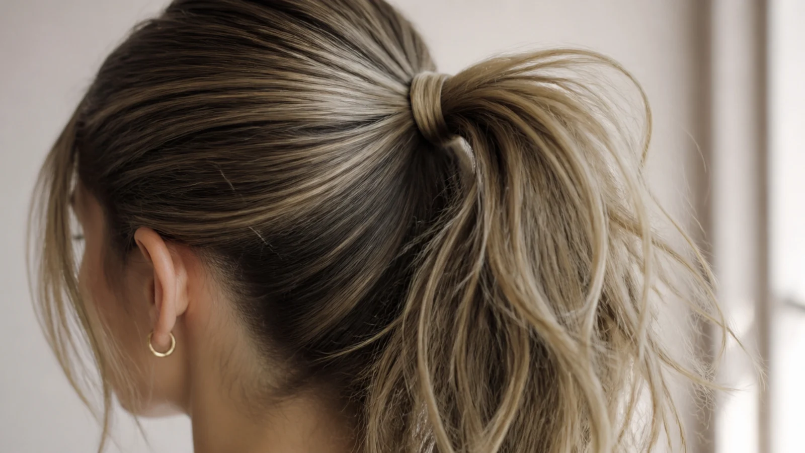 High ponytail with smoothed sleek roots at the crown and a deliberately messy textured tail