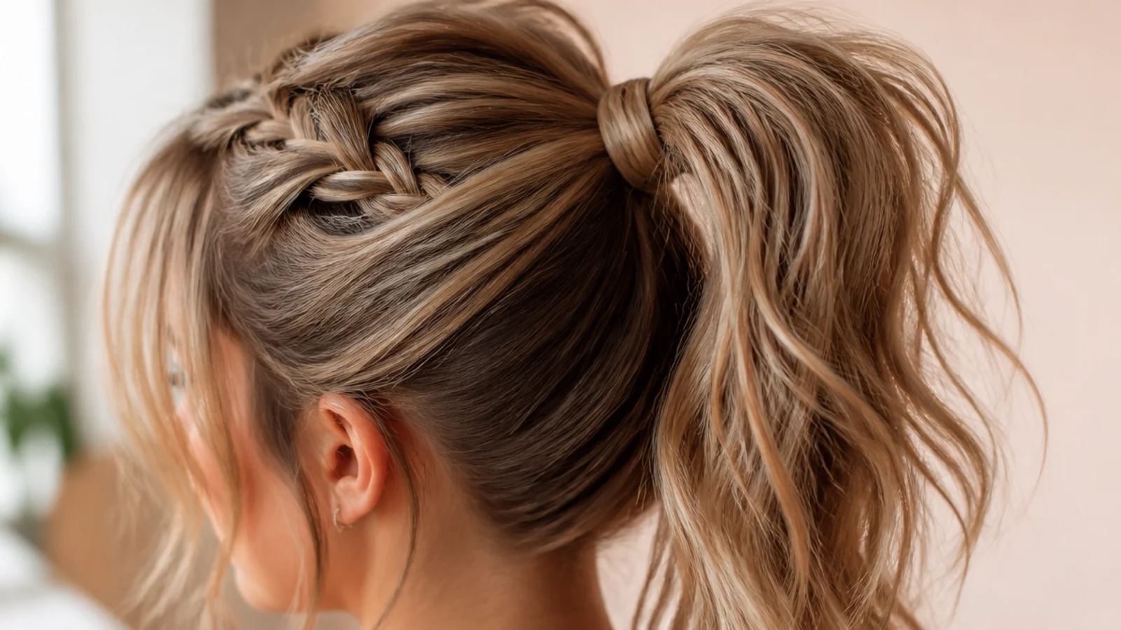 High messy ponytail with a small Dutch braid running from the hairline into the crown tie