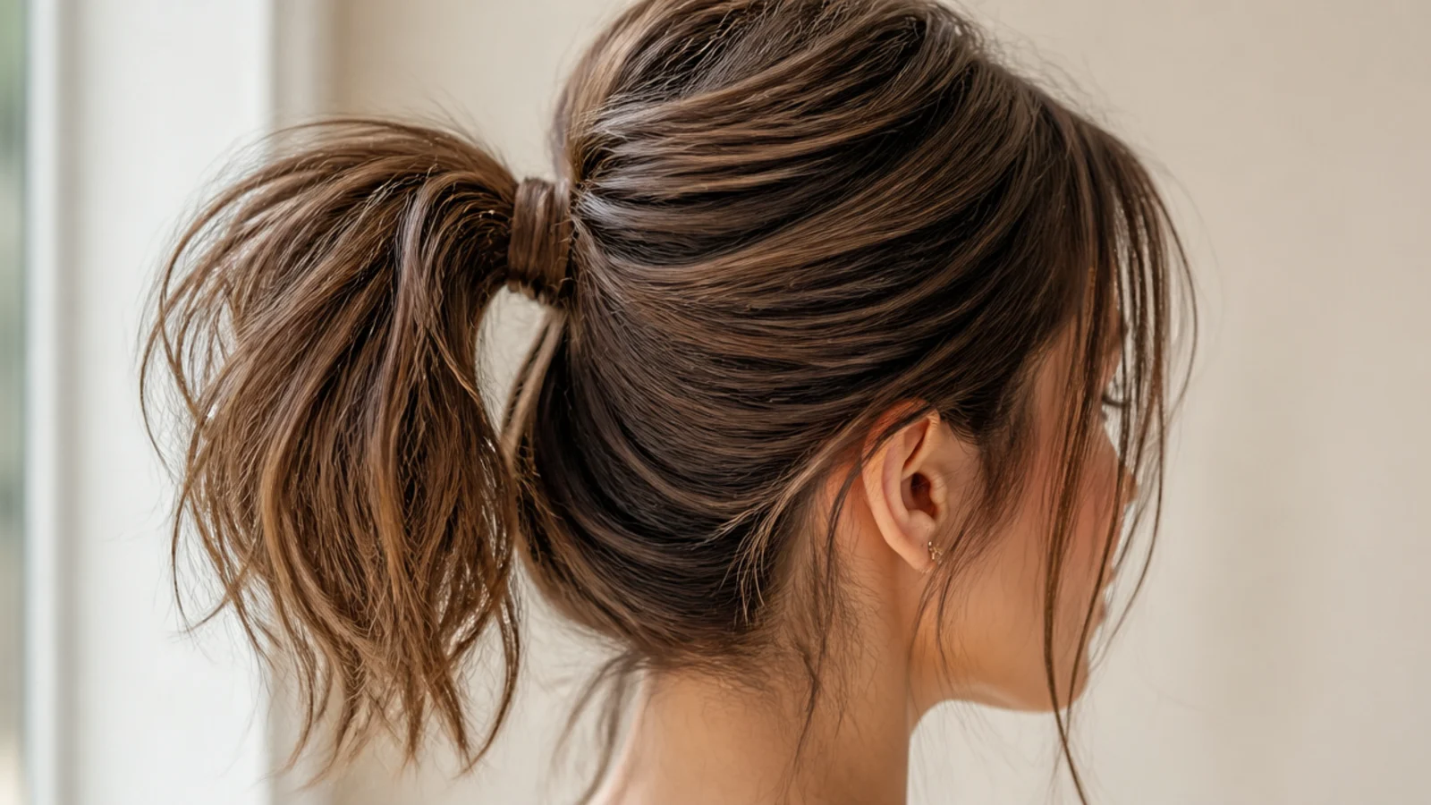 Gym-proof high messy ponytail secured with two elastics and pins for a workout