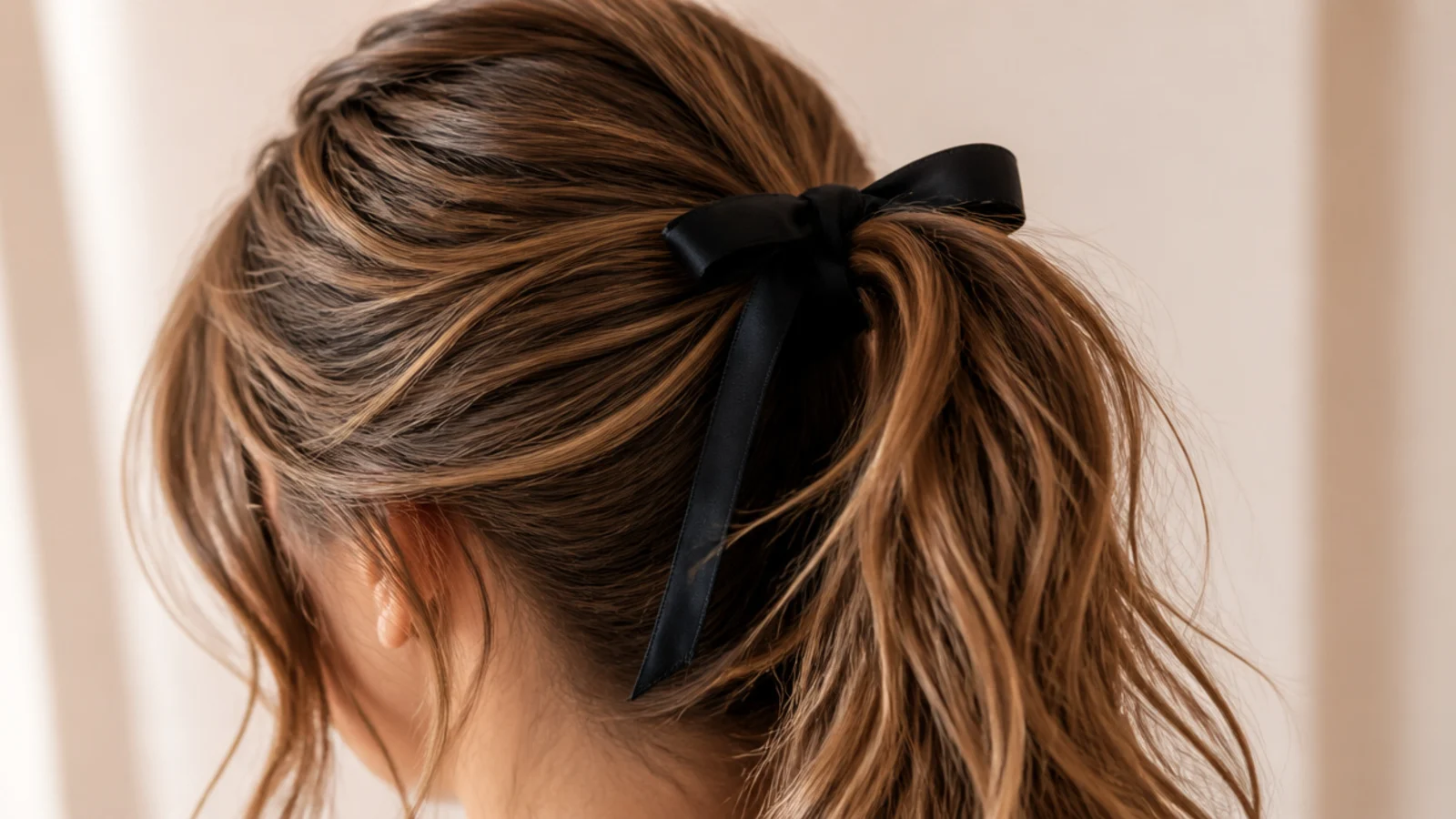 Evening high messy ponytail with a black silk ribbon tied in a bow over the elastic