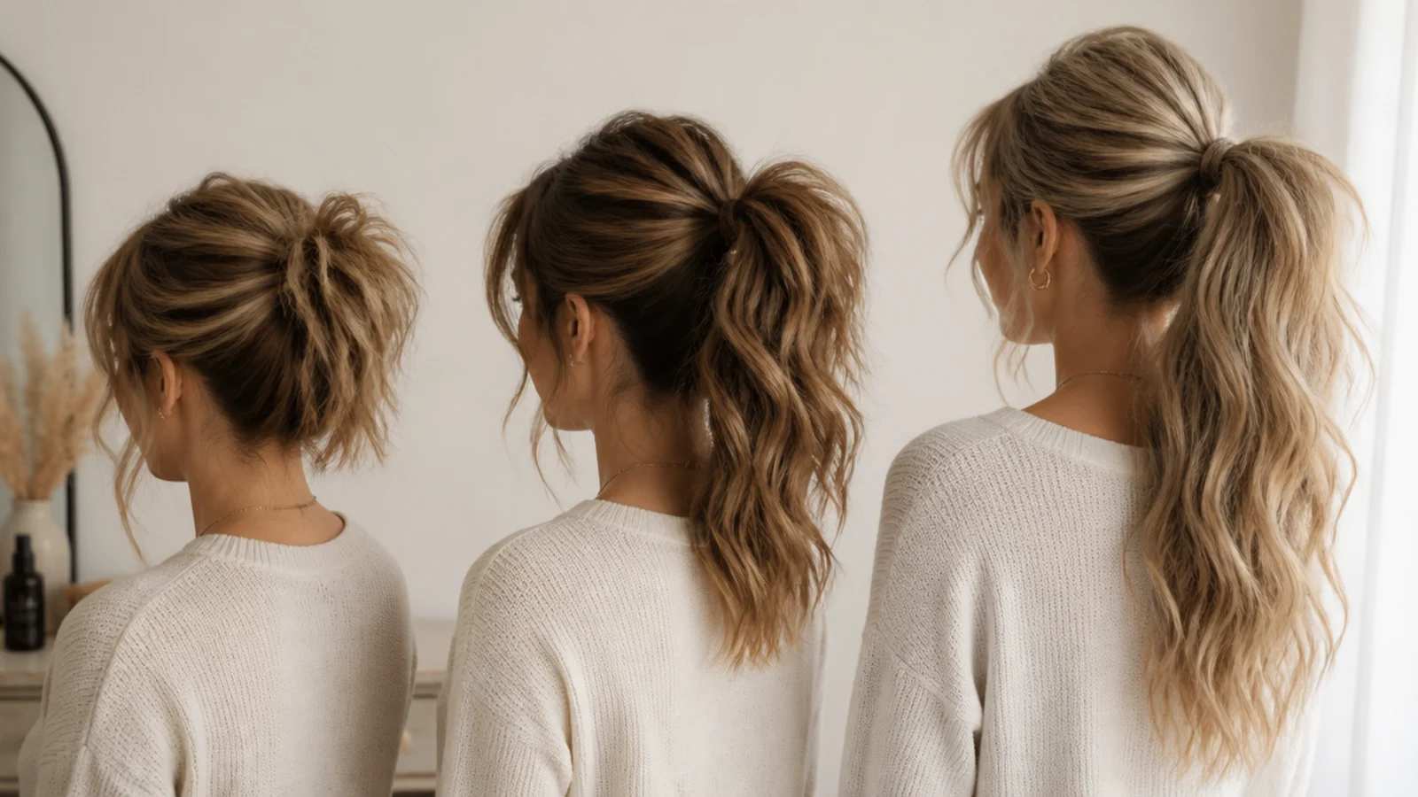Short bob, medium lob and long hair compared in three high messy ponytail versions