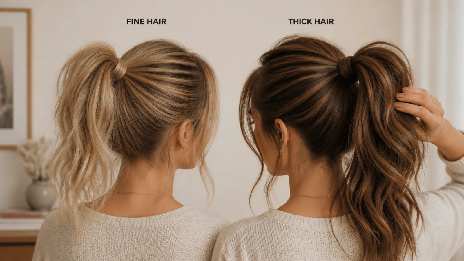 Fine hair and thick hair high messy ponytails compared side by side at the crown