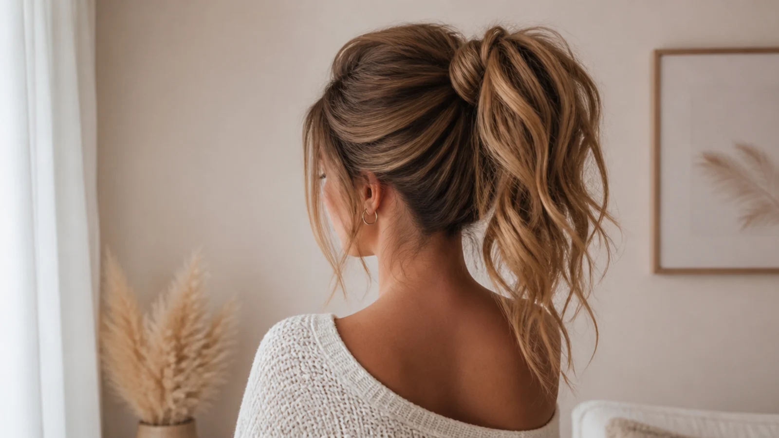 High messy ponytail tied at the crown with a teased base and loose face-framing pieces