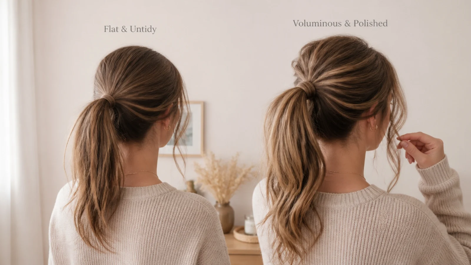 Two high ponytails compared, one flat and untidy and one with deliberate crown volume and tendrils