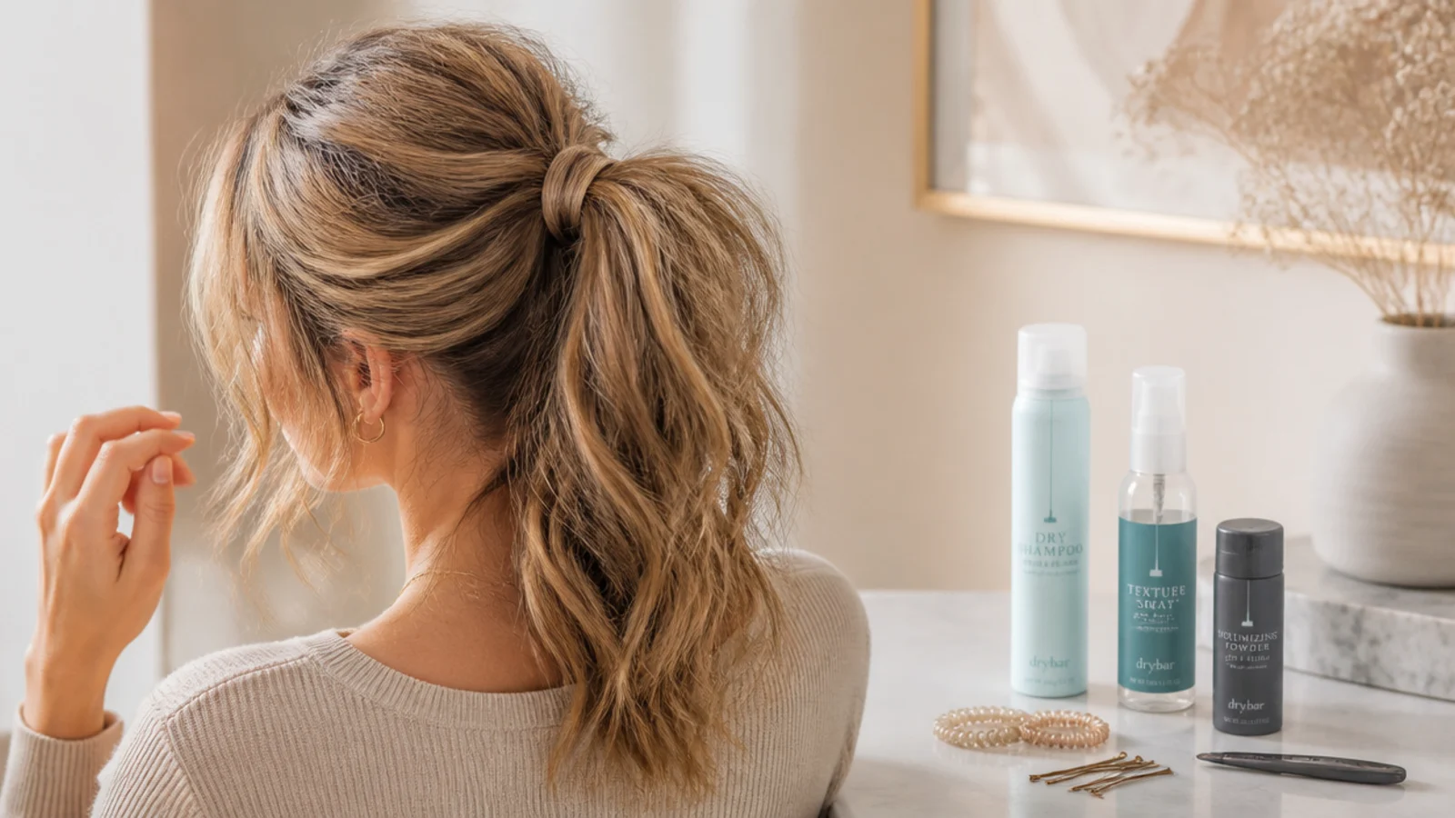 Dry shampoo, texture spray, root powder, coil ties and bobby pins laid out for a high messy ponytail