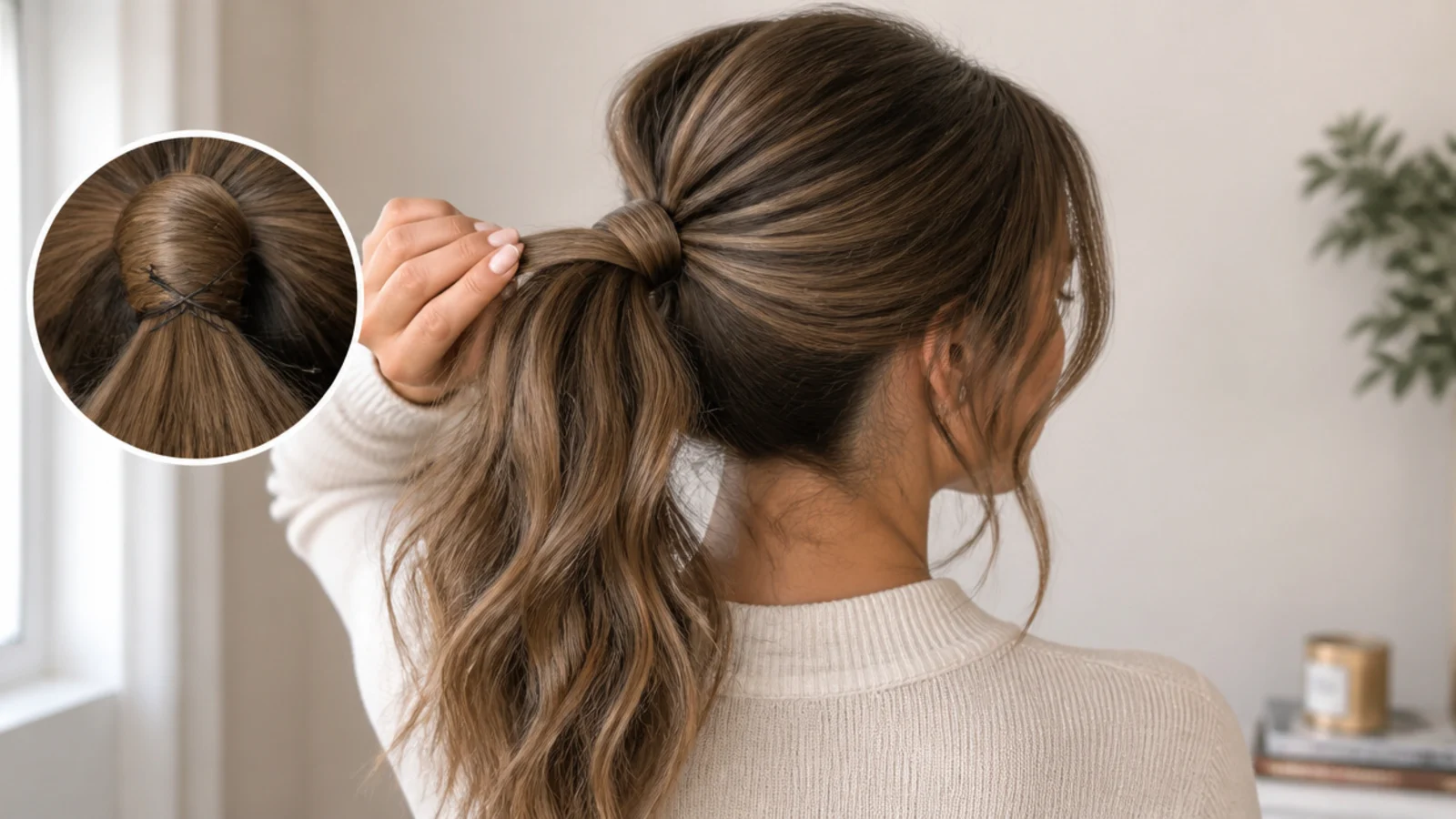 Bobby pins crossed in an X under a high ponytail base to stop the elastic from sliding down