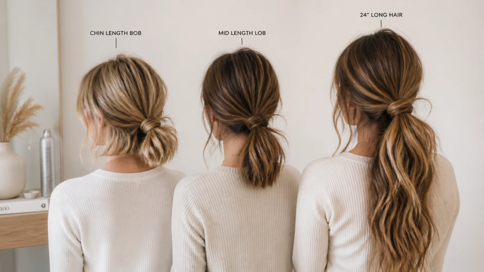 Messy ponytails compared on a chin length bob, a mid length lob and 24 inch long hair
