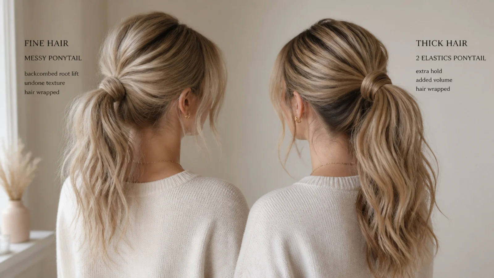 Fine hair messy ponytail with backcombed root lift beside a thick hair ponytail with two elastics