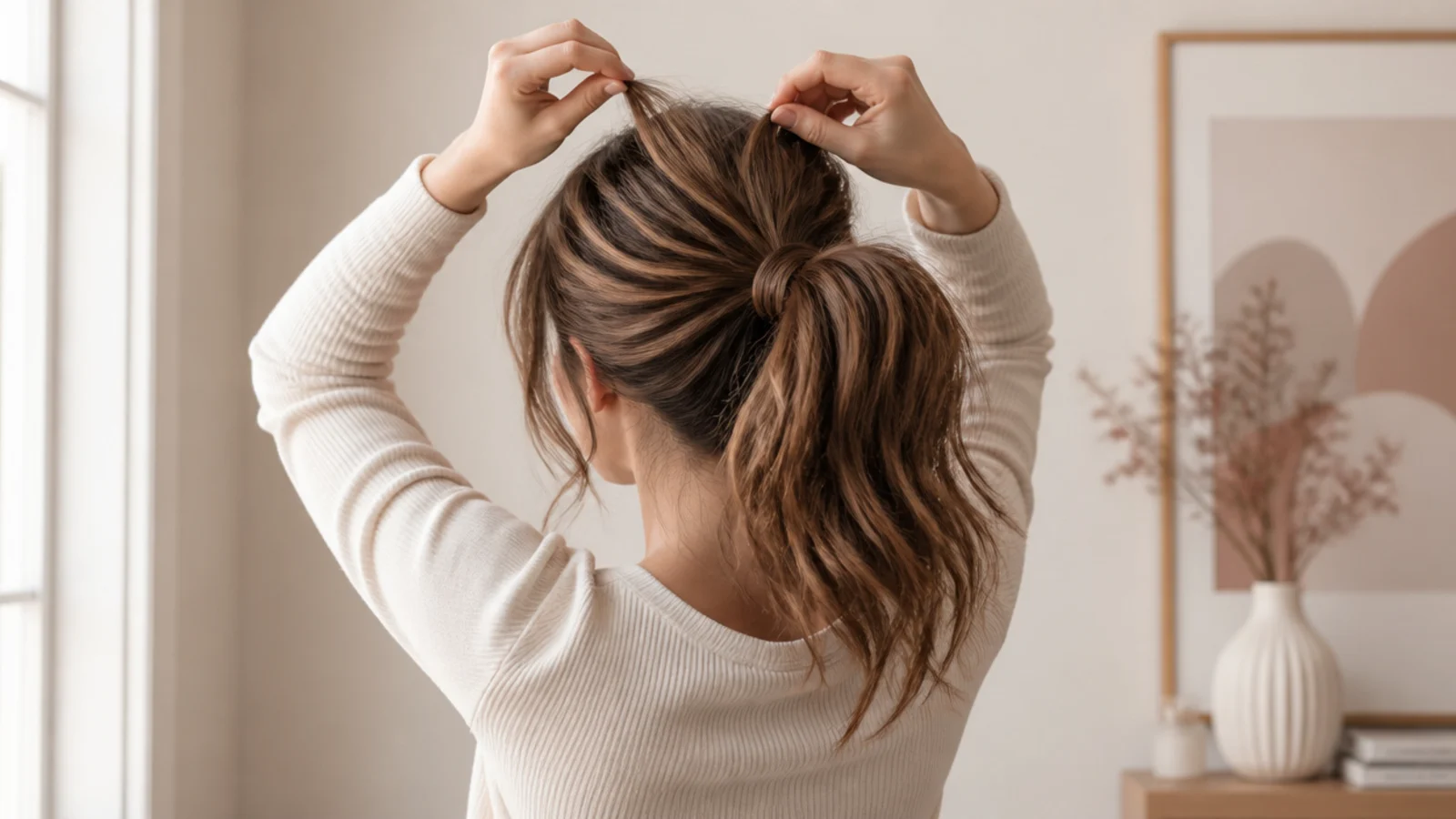 Hands tugging small crown sections upward on a high messy ponytail for volume